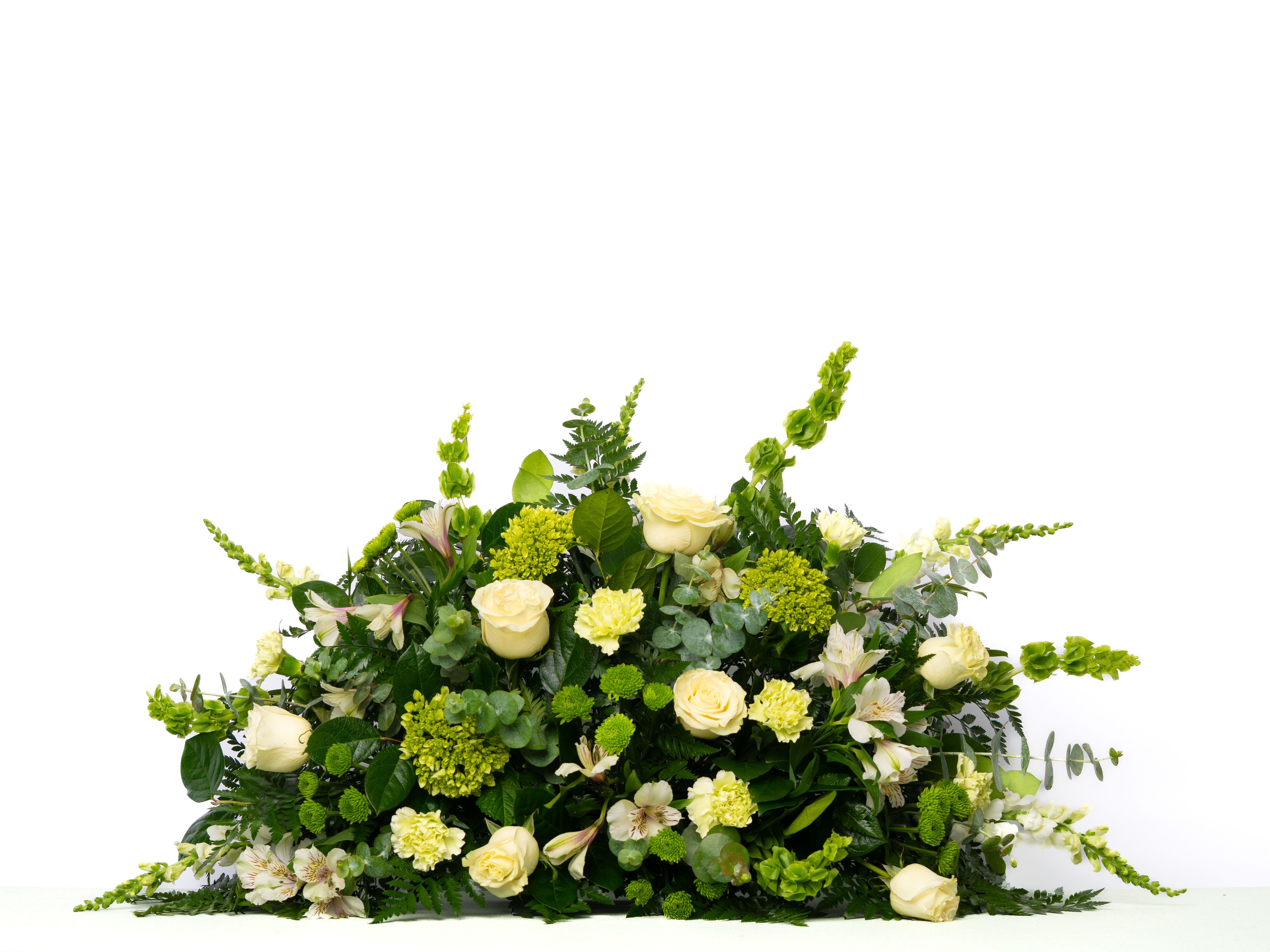 Our Gentle Thoughts Collection: Half Casket Spray in White and Green Blooms - Clean and natural, this white and green palette offers a fresh, understated tribute. Designed with texture and movement, it brings a sense of peace and simplicity to the service.  Each arrangement is thoughtfully designed using the freshest blooms available. Flower varieties may vary based on availability while maintaining the overall style, color palette, and value.  Approximate Dimensions of Floral Tribute: 20" tall x 36" wide  Color &amp; Customization: Need a custom color scheme? Contact us for more information. Our most popular palettes include whites, whites and greens, whites and blues, pinks and whites, pastel shades, and colorful designs.  Delivery: All sympathy pieces are hand-delivered by the Schultz Floral team.