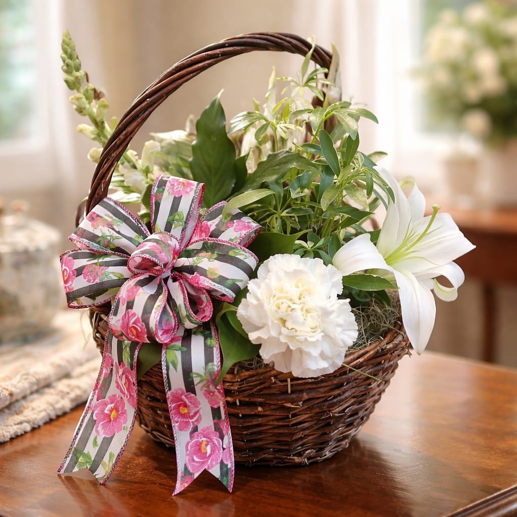 Serenity Garden Basket With Fresh Cut Flowers - A soft, comforting mix of greenery and fresh blooms makes this handled wicker basket an ideal get well, sympathy, or thinking-of-you gift that brightens a room without overwhelming it. The flower arrangement pairs white focal blooms-a white lily and a white carnation-against soft pink accents and mixed-color touches, creating a gentle visual lift that reads as both soothing and hopeful for funeral services, hospital rooms, or everyday displays.  Designed in an 8" low wicker basket with a decorative striped pink floral ribbon on the handle, the composition combines 4-5 assorted houseplants with seasonal snapdragons and extra carnations for height and texture. The taller spire of blooms at the back balances the low plants in front, while the mix of greens adds lush volume and a fresh contrast to the white and pink flowers. Plants may be repotted individually, and the basket arrives ready to set on a bedside table, mantel, or office desk.  This arrangement sends a thoughtful, calming message to the person you're thinking of-whether you're offering sympathy, supporting a recovery, or simply saying you care. Easy-care houseplants keep giving long after the cut flowers have faded; include delivery notes at checkout to ensure it arrives when it will mean the most.