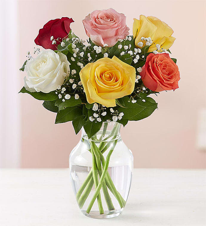 6 Assorted Roses Vased - Beautifully arranged by our skilled designers with lush greenery inside an elegant glass vase, six blooms are delivered right to the door to delight them for a special celebration or an out-of-the blue surprise.