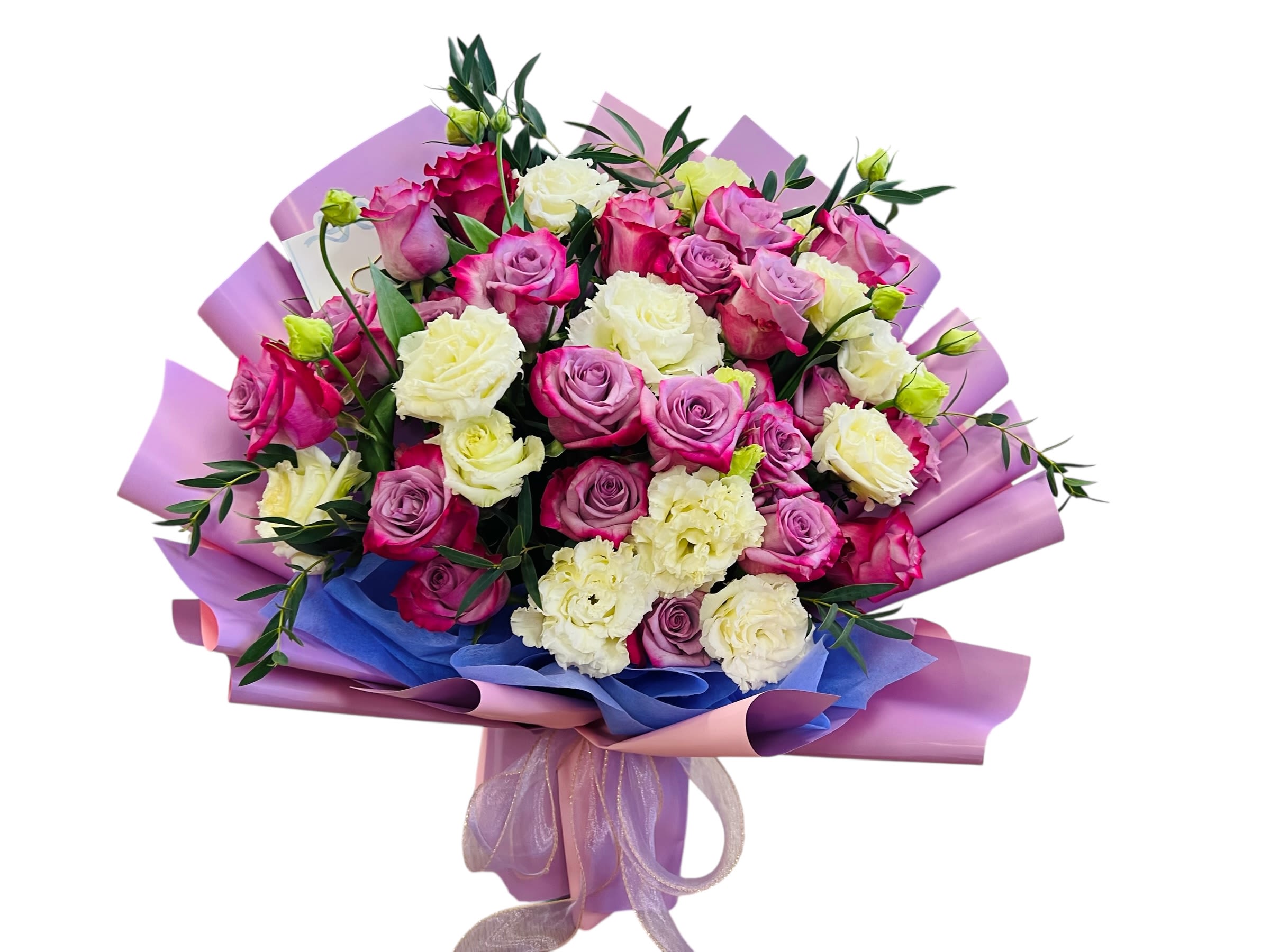 Purple dream - Size is Extra large  18 Purple roses + Eustoma No need to unpack the package .or any maintenance.Comes with floral foam gives flowers all the nutrition and moisture it needs.