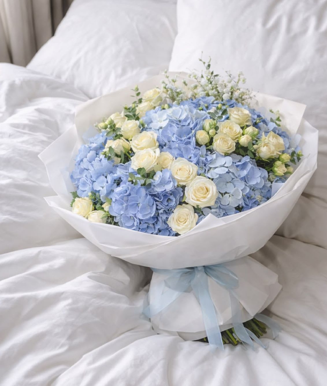 Blue sky escape bouquet- Hydrengea, Baby rose, Eucaliptus  - Baby blue hydrangeas with beautiful baby roses, perfect for baby showers or birthday 