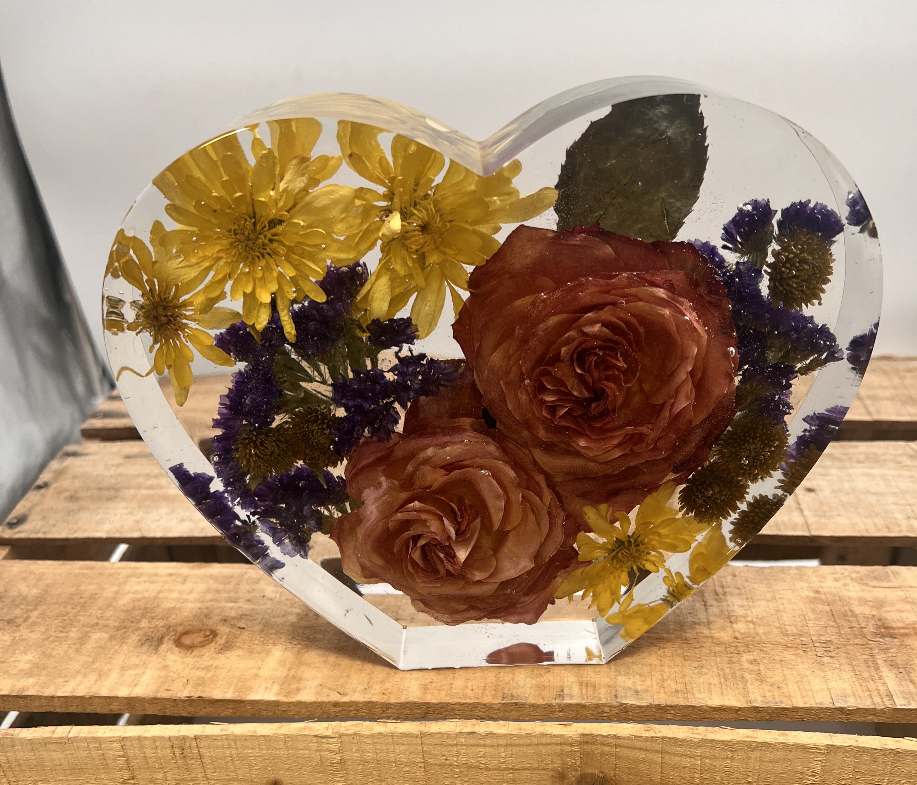 Preserved Flowers Resin Heart - Keep your flowers in this preserved resin heart.   Flowers will be the actual flowers from your arrangements.  This is a custom made item which required 3-4 months to dry flowers and create  Dimensions are 8" wide, 7" High and 2" deep.  Call the shop for details 732-842-3933