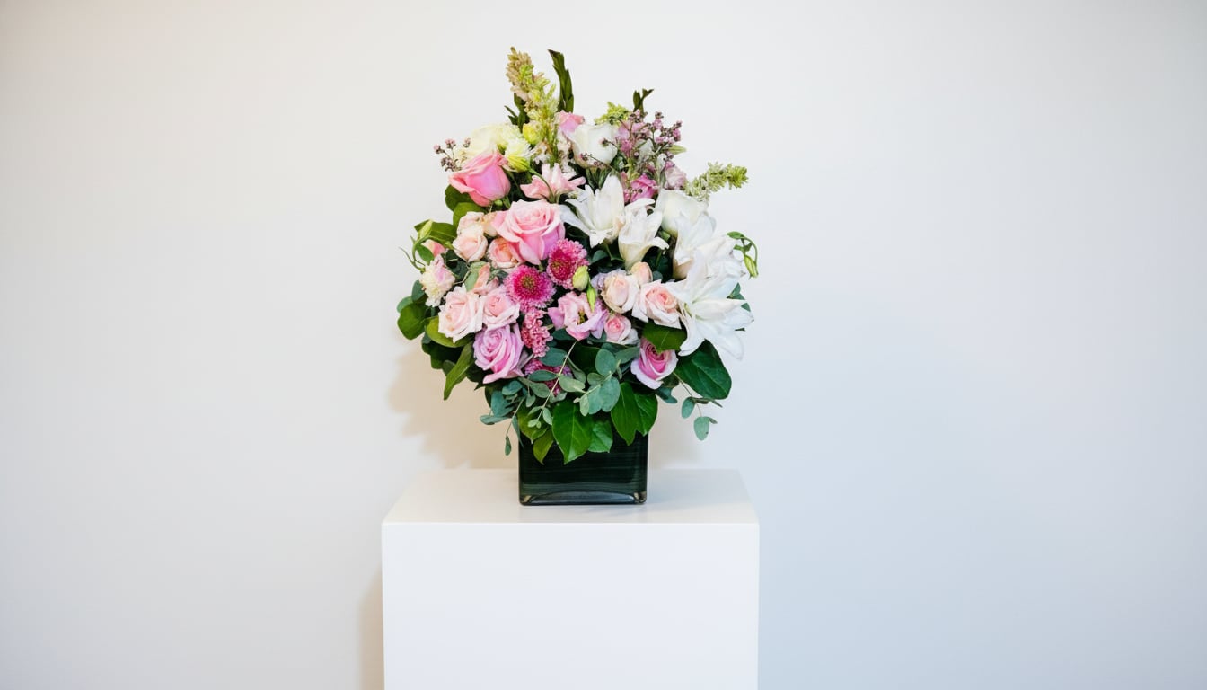 Everlasting Love Arrangement( Luxurious Pink Roses and Lilies) -  This luxurious display is ideal for special events or as a stunning gift to brighten someone's day. One sided arrangement 