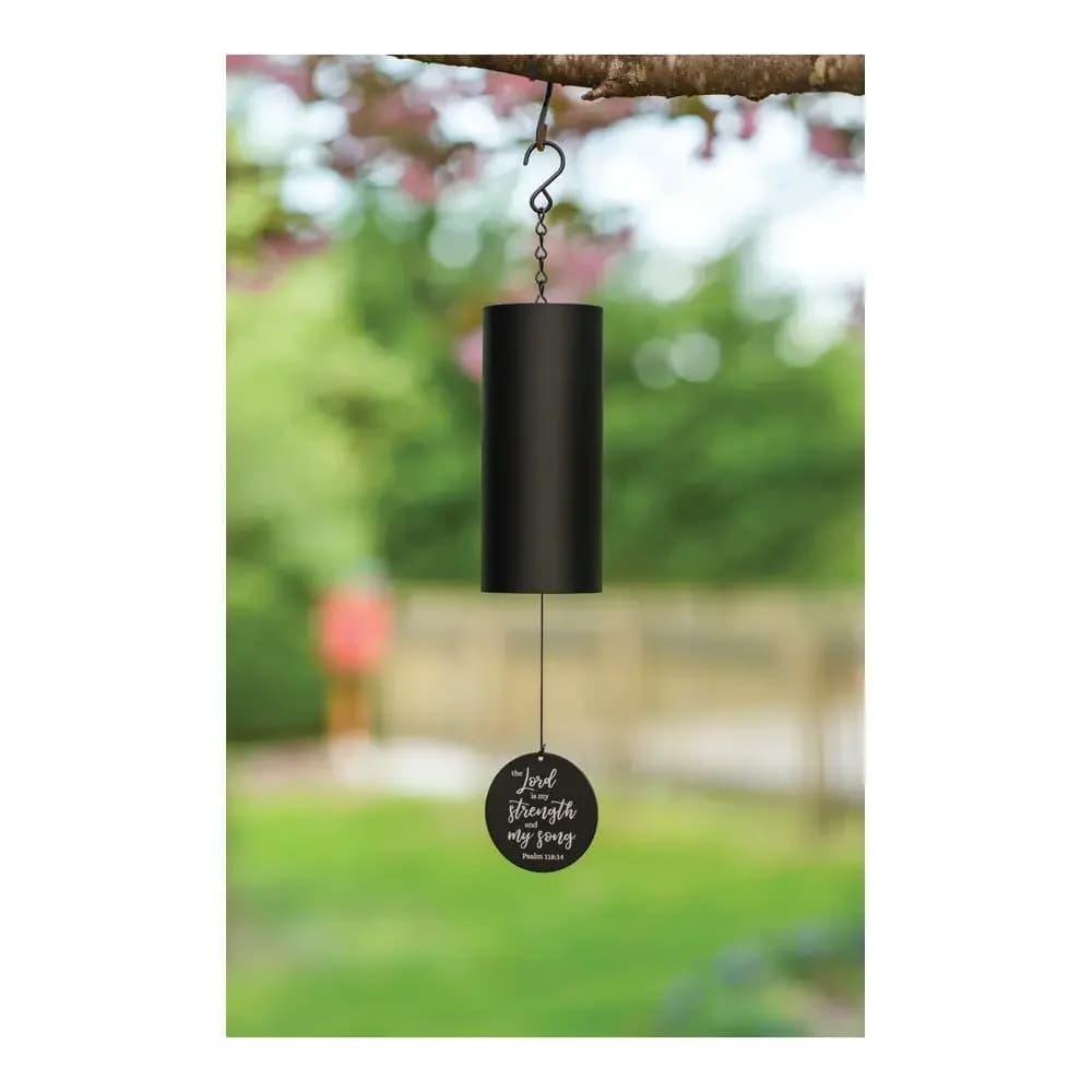 The Lord is My Strength Cylinder Chime  - Enhance your backyard with our Metal Cylinder Inspirational Wind Chimes! These boutique hanging chimes make great accent decorations or gifts. A great addition to any outdoor décor, garden, or kitchen, our Wind Chimes come in a variety of colors and designs to suit your taste. Size: 18" L    This 18" Cylinder Sonnets is comprised of a UV printed steel cylinder with metal construction and industrial cordage. Adjustable striker.