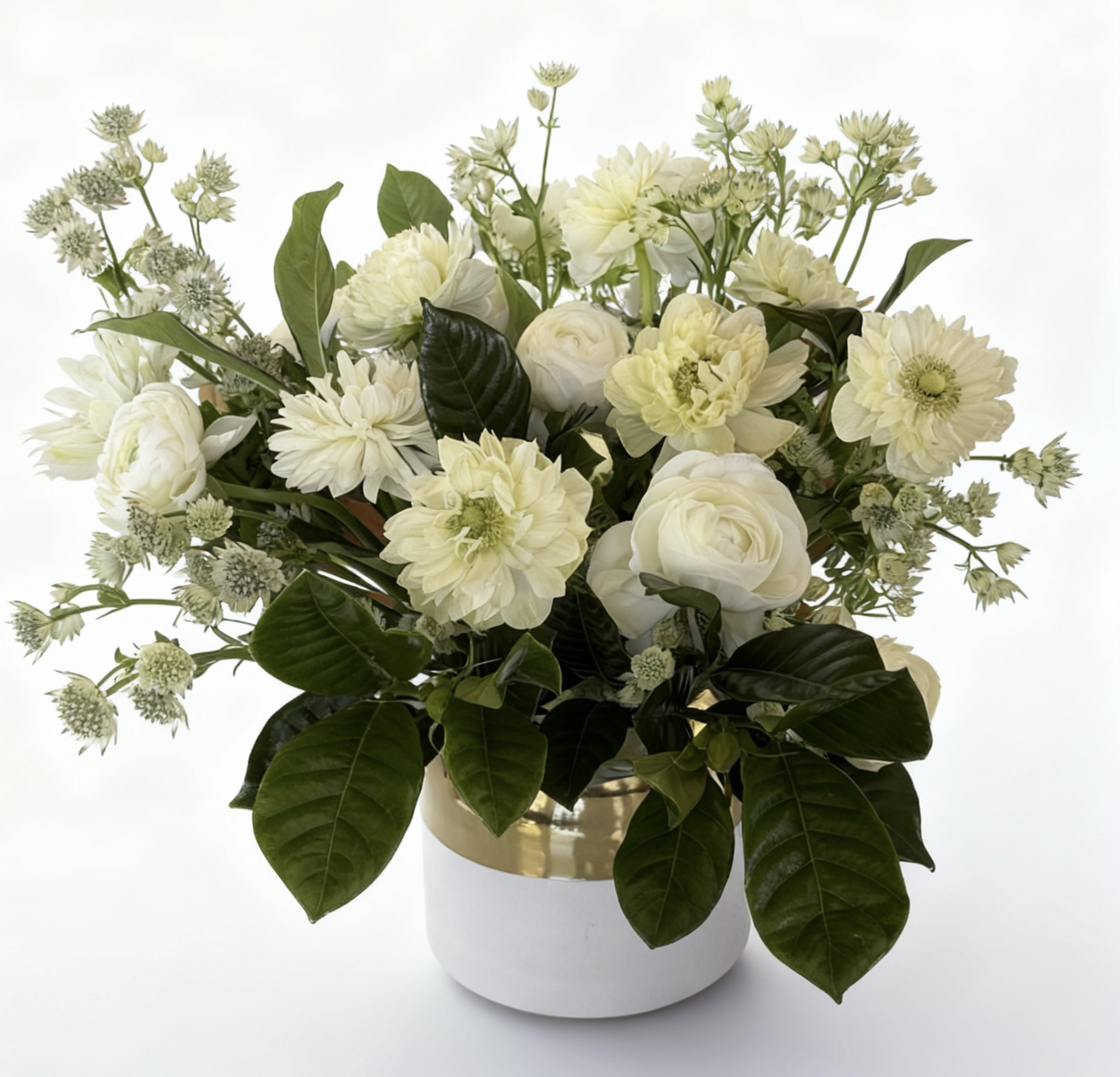 Classic Elegance - White is classic, beautiful and elegant.  White ranunculas &amp; white anemone against lush gardenia greenery in this lovely flower arrangement.  