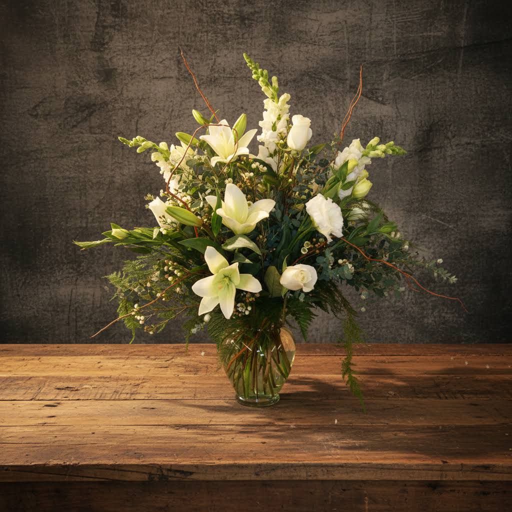  White Glow Vase Arrangement - Please call to verify flowers are available 