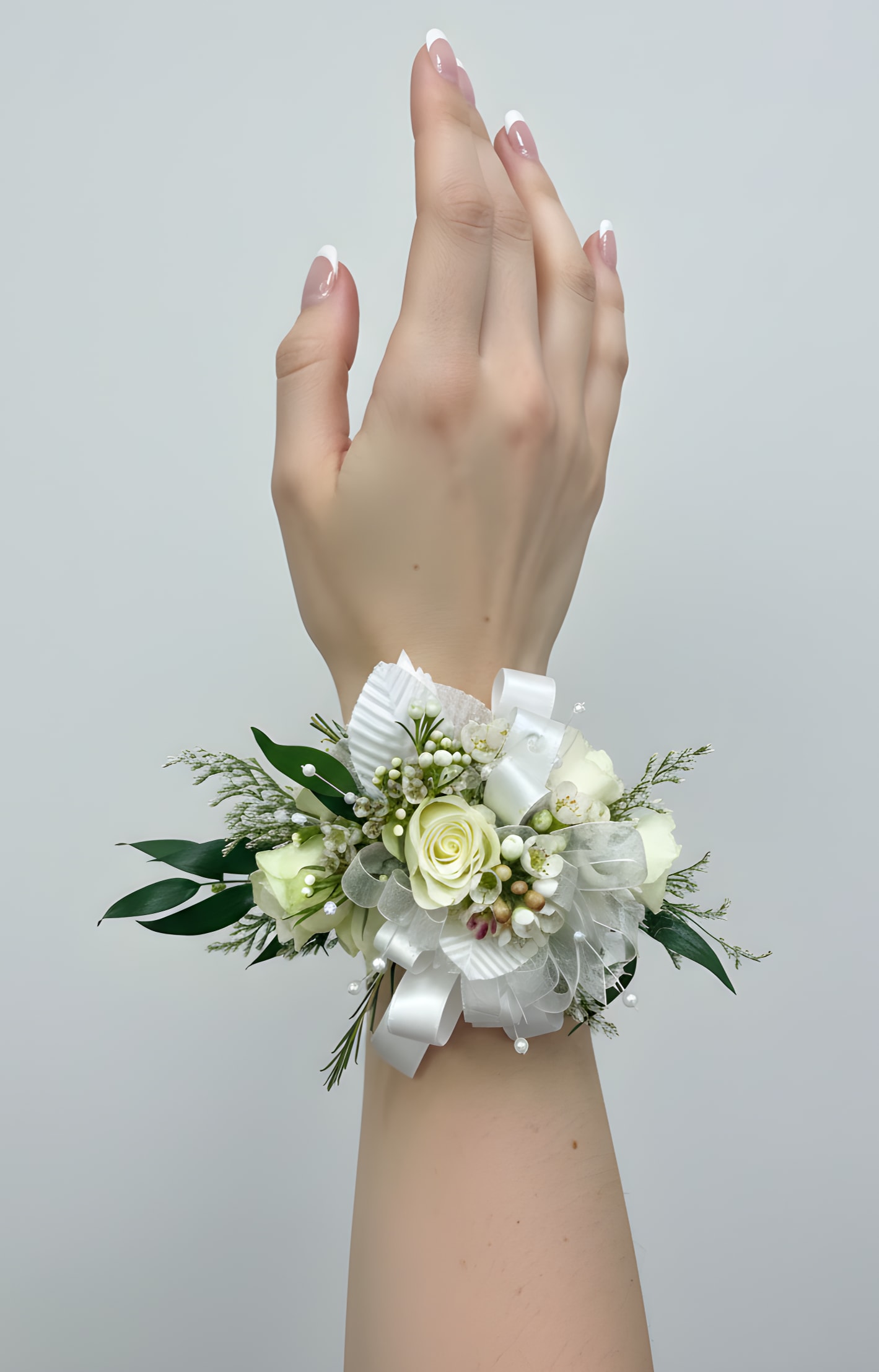 White Rose Corsage - A classic white rose corsage complements any outfit. Perfect for prom, formals, and weddings. Includes a comfortable wrist bracelet for easy wear. If you require customized colors, please specify your request clearly when placing your order. In the event that the requested color is unavailable, we will contact you to discuss alternative options.  Please note that customized color requests are subject to a $15 upcharge.