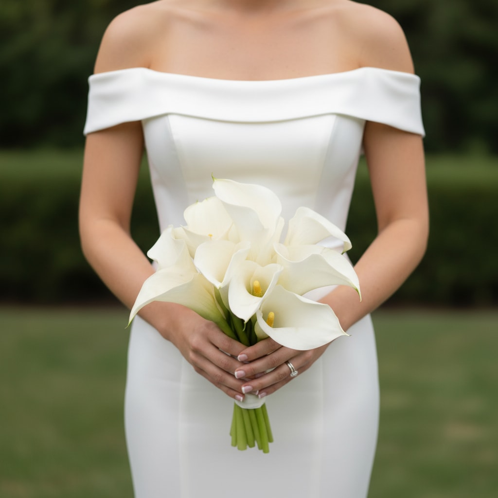 White Calla Lilies Wedding Bouquet - Ivory calla lilies arranged in a sleek hand-tied bouquet create a quietly modern wedding bouquet that reads as timeless and refined. Perfect for a bride seeking minimalist elegance or for a wedding where clean lines and soft neutrals set the tone, this white calla lilies wedding bouquet sends a message of calm, confident beauty that will make the person you're celebrating feel effortlessly sophisticated.  The bouquet features a cluster of sculptural calla lilies-full-sized and mini callas-with trumpeted blooms that transition from creamy white at the edges to a gentle green near the bases, accented by subtle yellow tones where natural. Long, straight stems are gathered in parallel and finished with a simple white ribbon wrap for a smooth, uninterrupted silhouette. The compact, uniform shape keeps the focus on the lilies' satin-like texture and architectural form.  Ideal for formal ceremonies, contemporary brides, anniversaries, or a tasteful sympathy gift, this bouquet suits any moment that calls for understated luxury. Because of its sturdy stems and classic construction, it travels well and stays presentable throughout the day; order options for stem length and delivery timing are available to ensure it arrives fresh for the occasion.