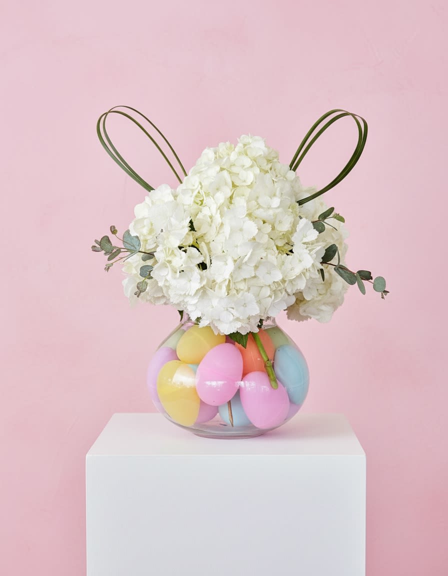 Hoppin around the table - Vased filled with plastic eggs an hydrangeas and greens