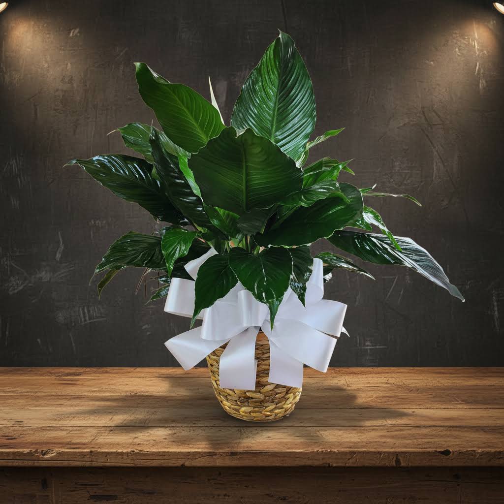  GPM Peace Lily in wicker basket with bow - All Plants Come In A Wicker Basket With a Bow