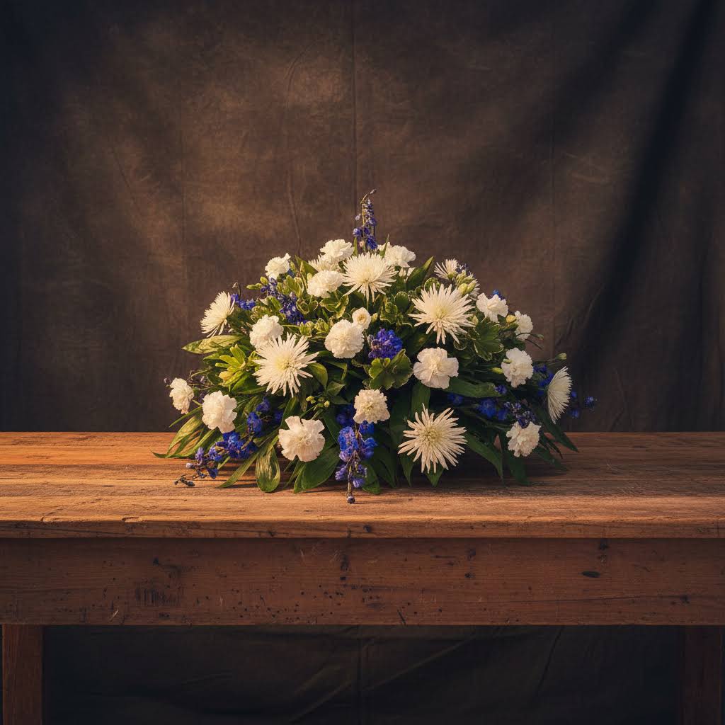 Blue And White Casket Cover - Blue and white flowers.