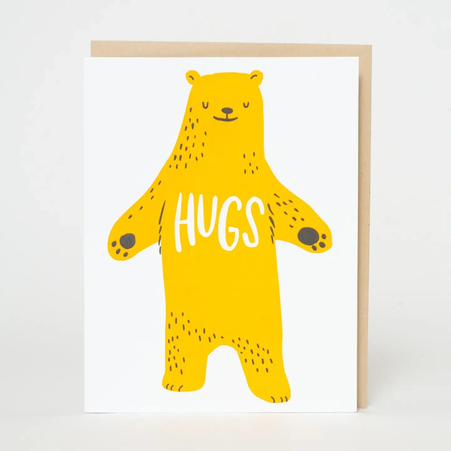 Hugs Card - Blank on the inside.  Comes with a kraft envelope and cello bag. Dimensions: A2 (4.25 x 5.5 inches).