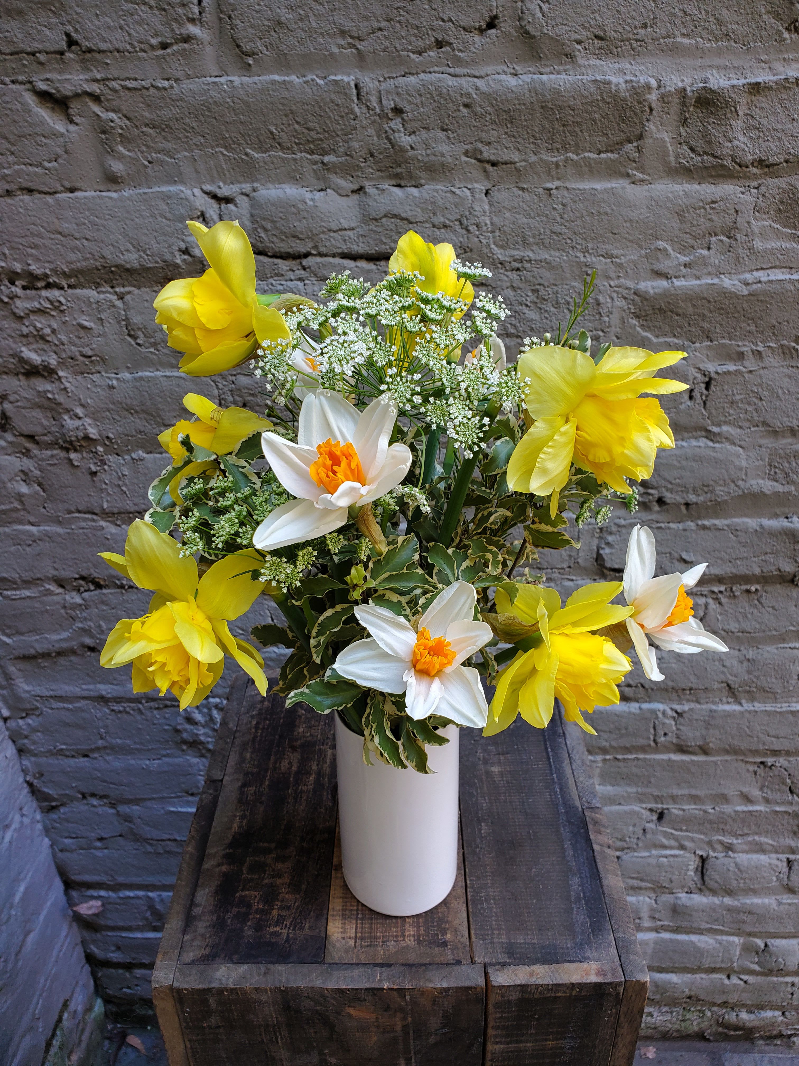 Jonquil - A bountiful selection of daffodils in an elegant white ceramic or clear glass vase. Joyeux Printemps!  Standard arrangement measures 14” tall x 8” wide.  Daffodil varieties/colors may vary from photo. 