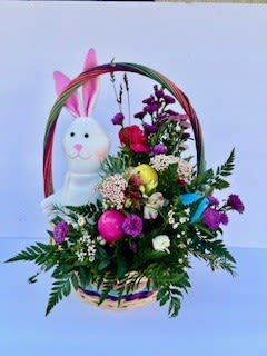 Easter basket with Bunny - Upcycled Easter basket filled with hardy flowers and roses in seasonal colors with treat filled eggs and adorable Easter bunny.
