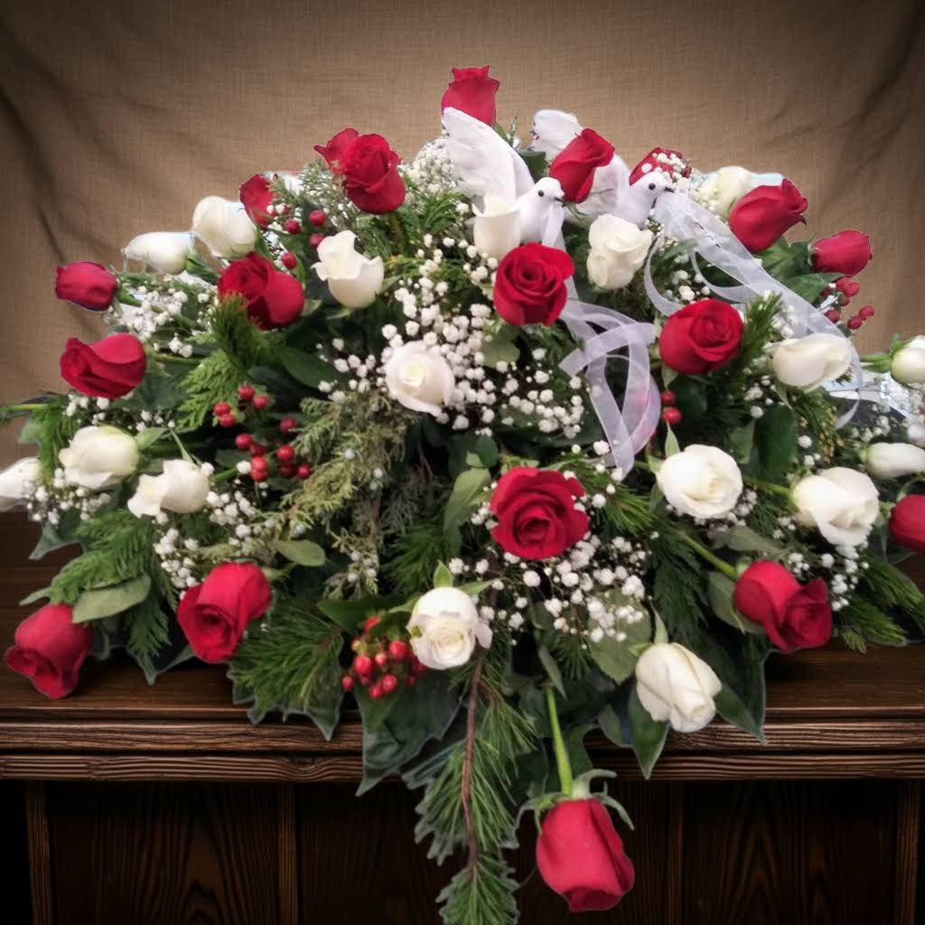 Casket Cover With Doves &amp; Christmas Greens - Only Available in December  