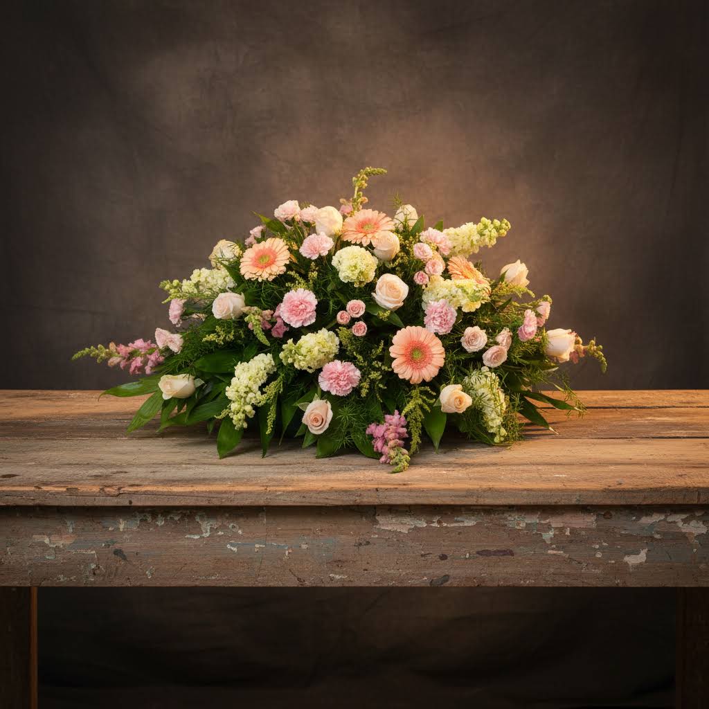 CC04 Casket Cover Of Peaches,Whites &amp; Pink - Please Call For Availability Of Flowers 