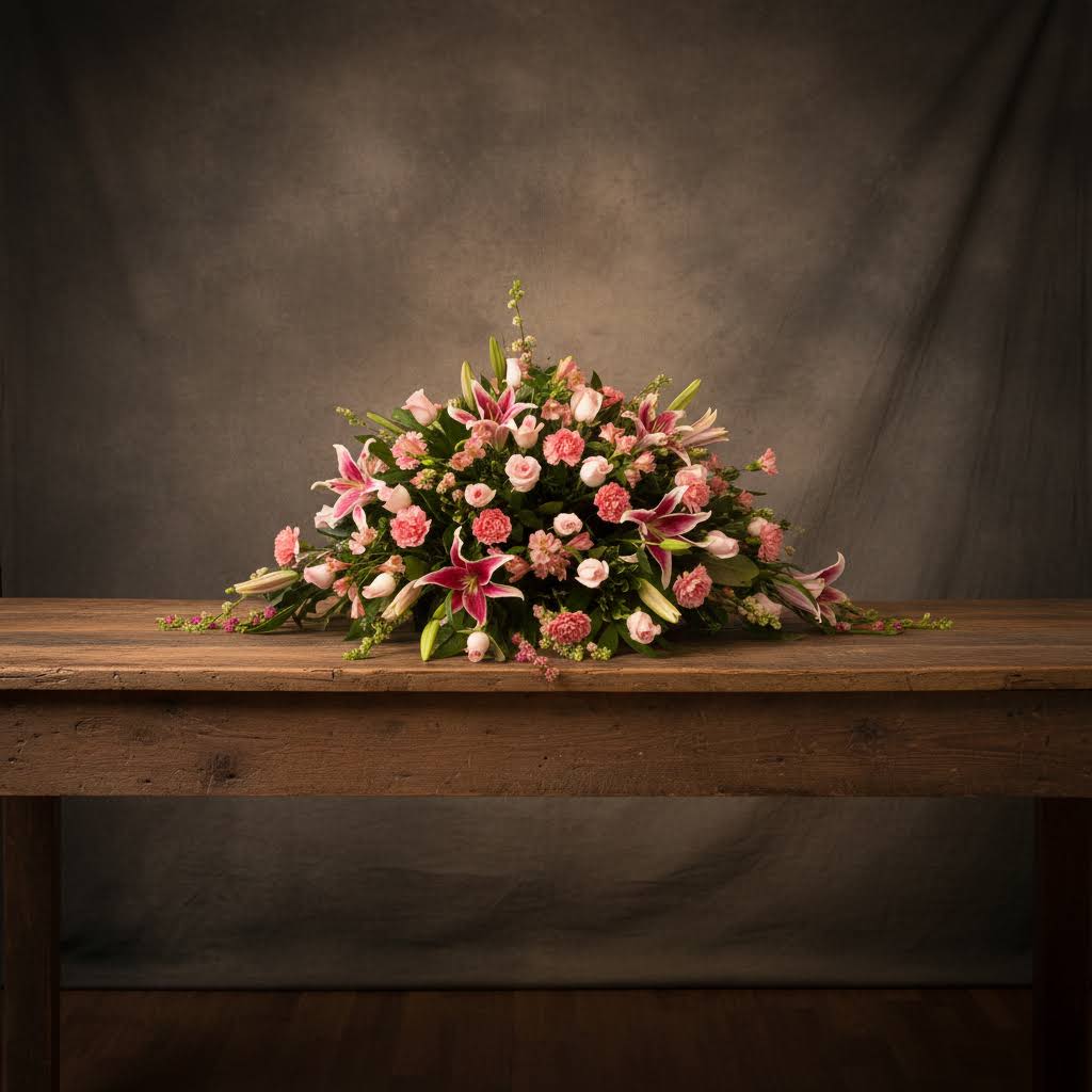 CC07 Casket Cover Of Pinks - Please call For availability Of Flowers Usually Available For Same Day Delivery   