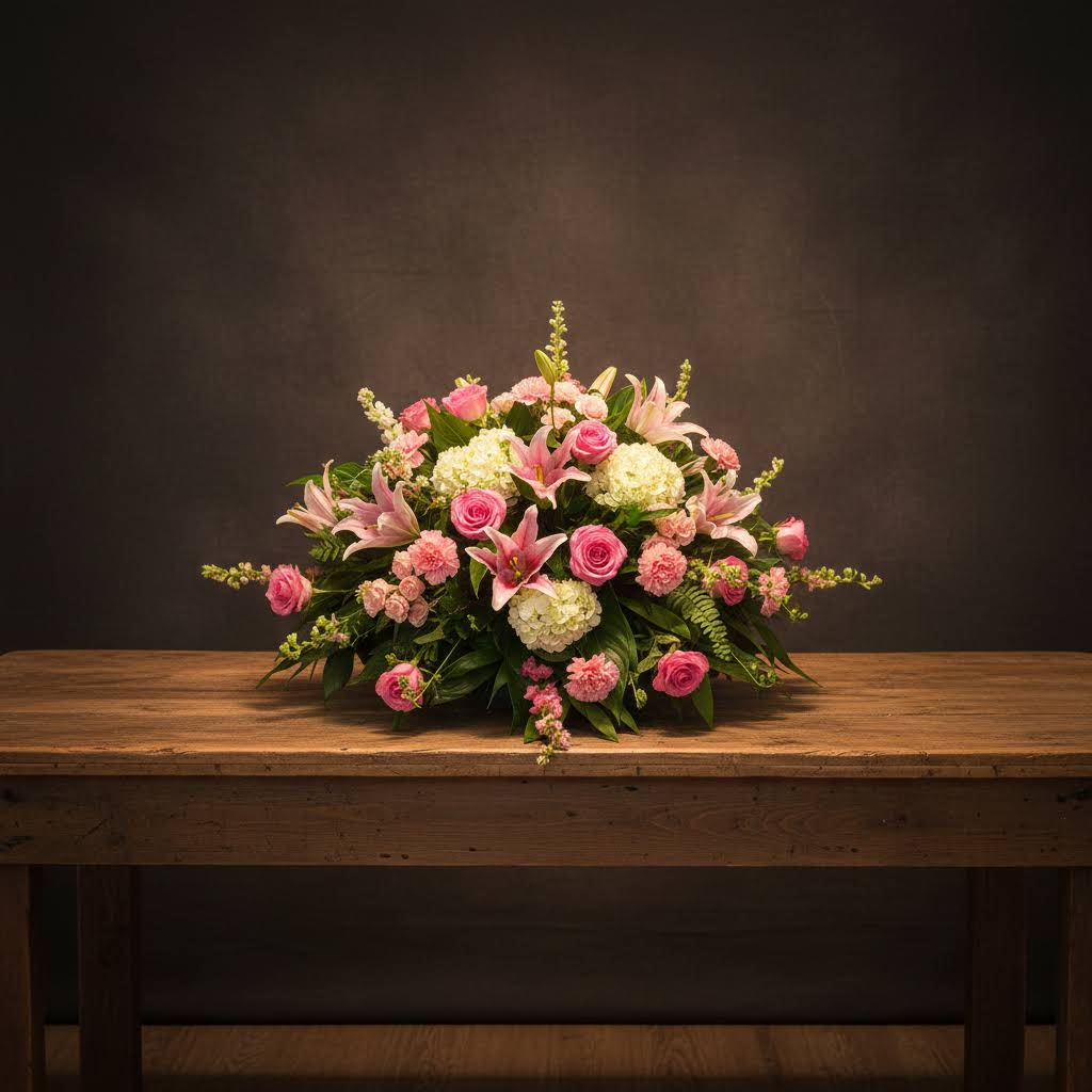 CC08 Casket Cover Of Pinks &amp; Whites - Please Call For Availability Of Flowers 