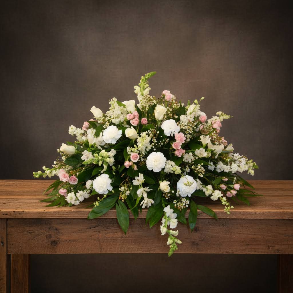 CC12 Casket Cover Of Pinks &amp; Whites - Please Call In Advance To Make Sure The Flowers are Availble