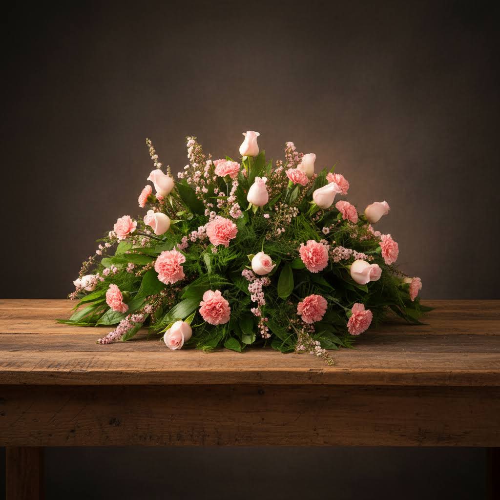 CC33 Casket Cover Of Pinks - Please Call For availability Of Flowers Casket Cover of Pinks