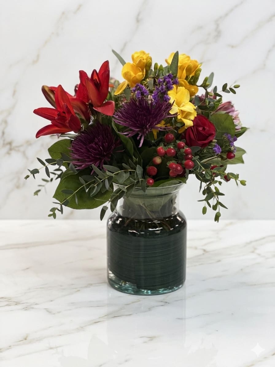 Mood Lifter - Celebrate rich colors in a charming vase. Featuring deep red blooms, sunny golden accents and textured greenery.