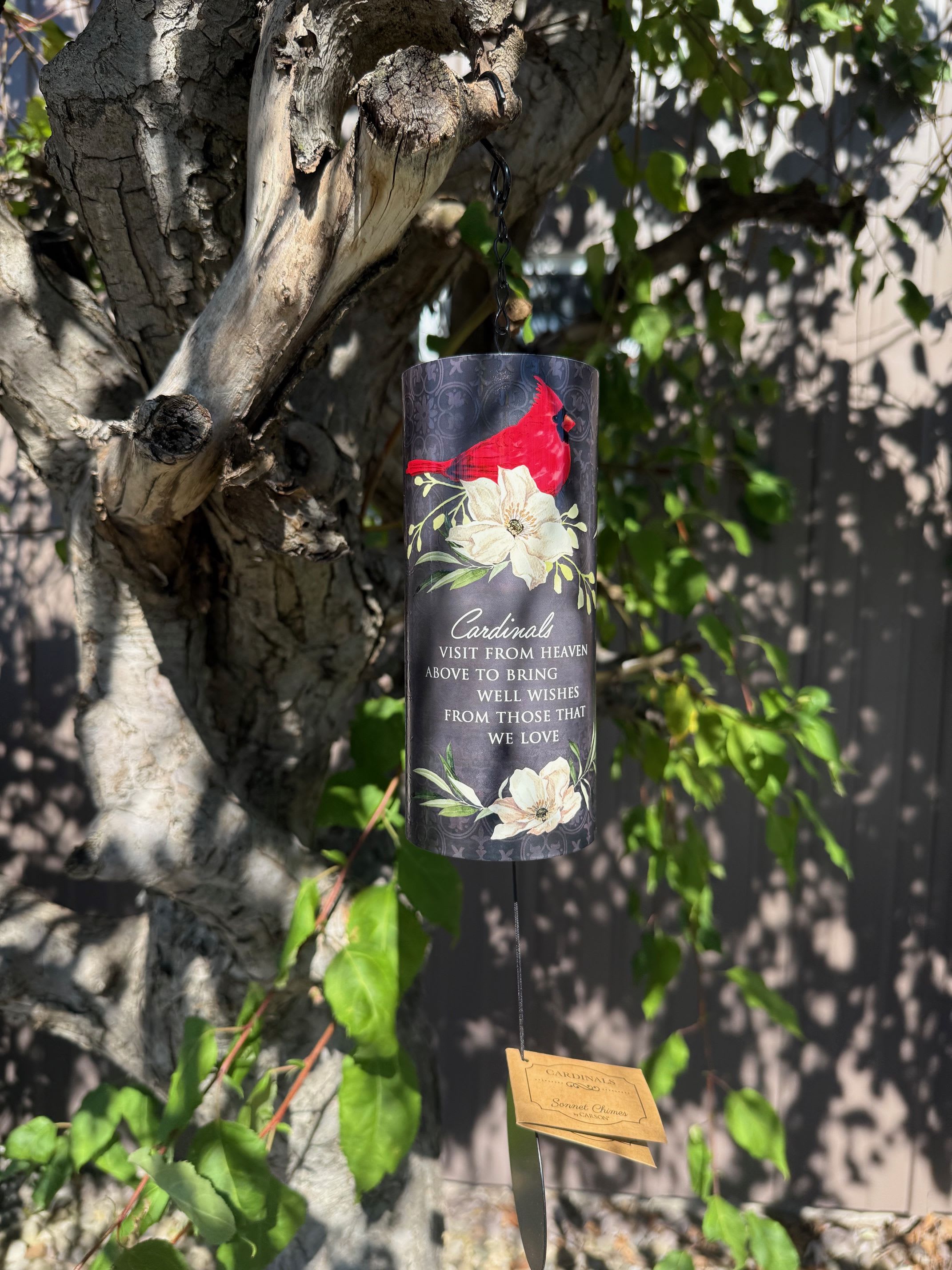 Wind Chime Cardinals Visit 18" Cylinder Sonnet Chime - "Cardinals visit from Heaven above to bring us well wishes from those that we love."