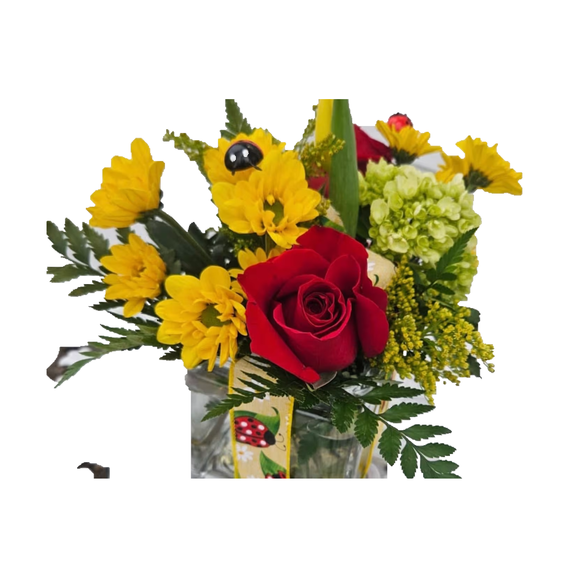 Small arrangement of yellow flowers, a red rose, and green blooms in a glass vase with ladybug accents