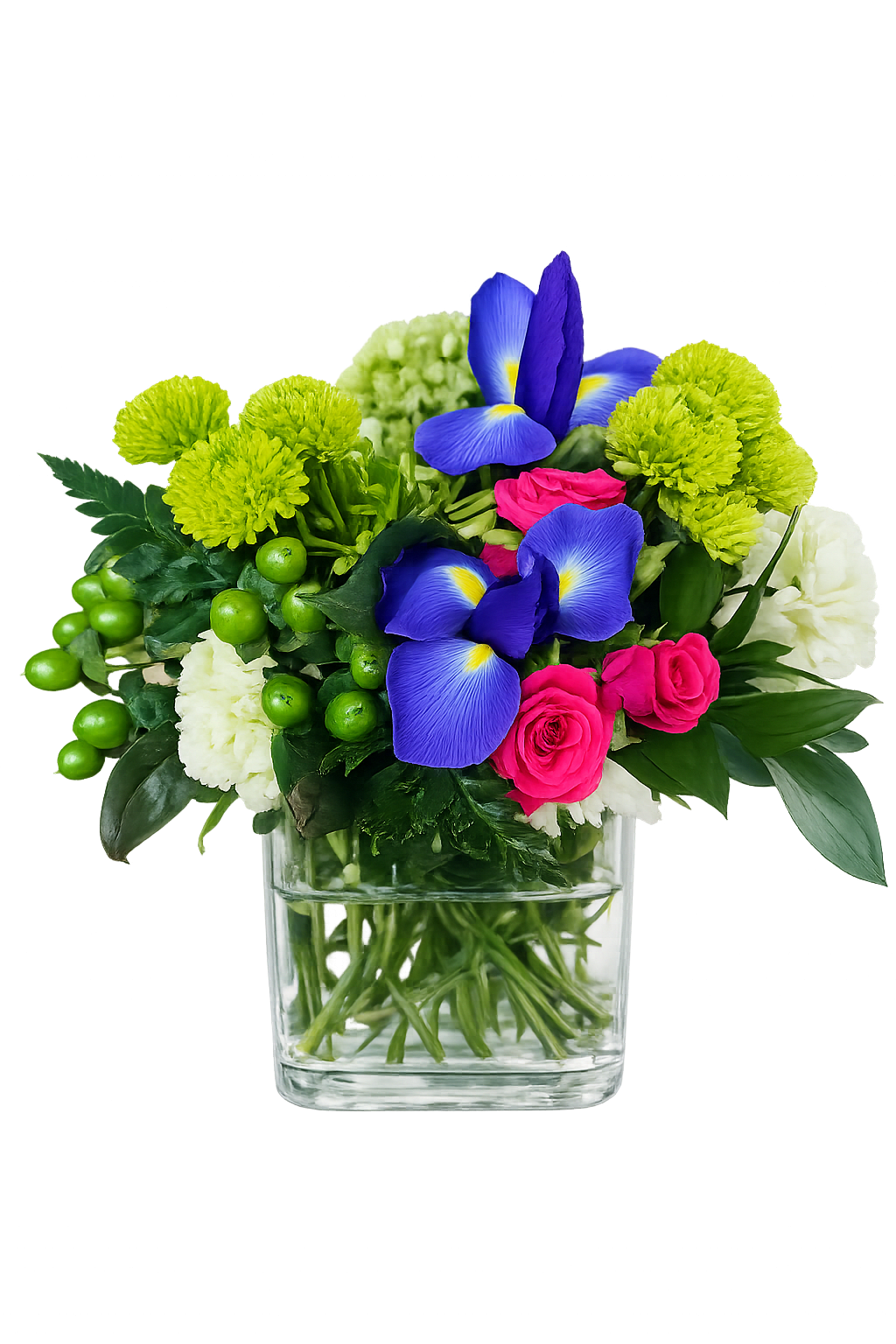 Low arrangement of blue irises, hot pink roses, green button mums and white flowers in a clear glass cube vase