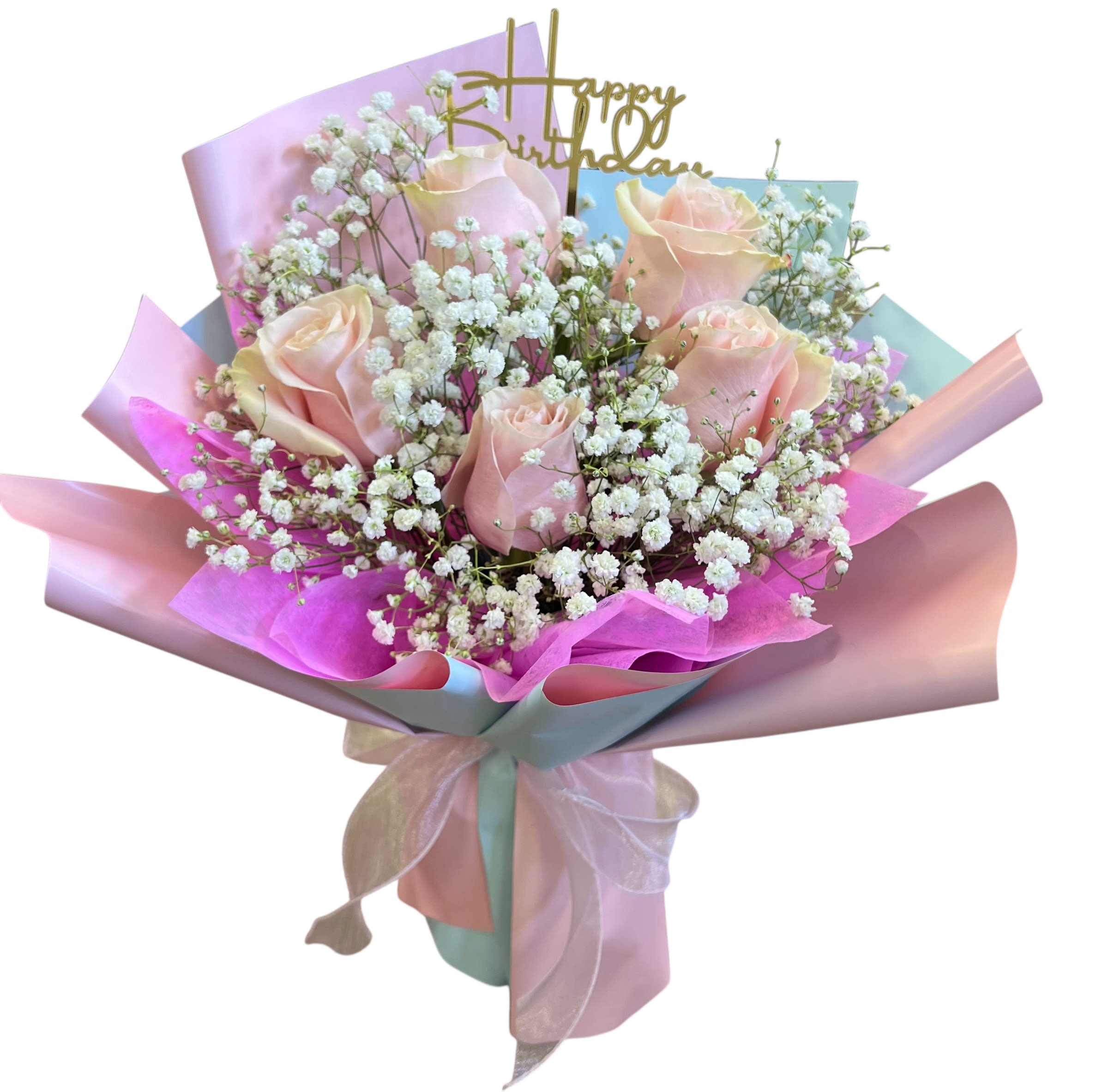 Happy birthday  -  Best Seller Happy Birthday Bouquet   A beautiful bouquet with fresh pink roses and soft baby’s breath, finished with a cute Happy Birthday sign. Sweet, elegant, and perfect for celebrating someone special.  A simple way to send love, joy, and birthday wishes on their big day. 