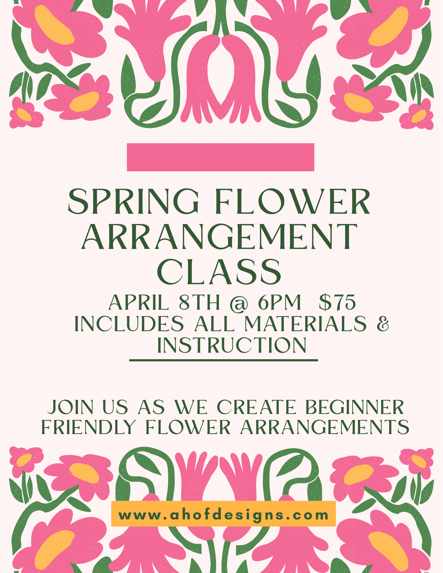 Spring Flower Arrangement Class    April 8th @ 6pm - Class duration is 1-1.5 hours, held outside on shaded patio.  This class is beginner friendly, all skill levels welcome.  We will be creating flower arrangements using Ca Grown Flowers and foliages.