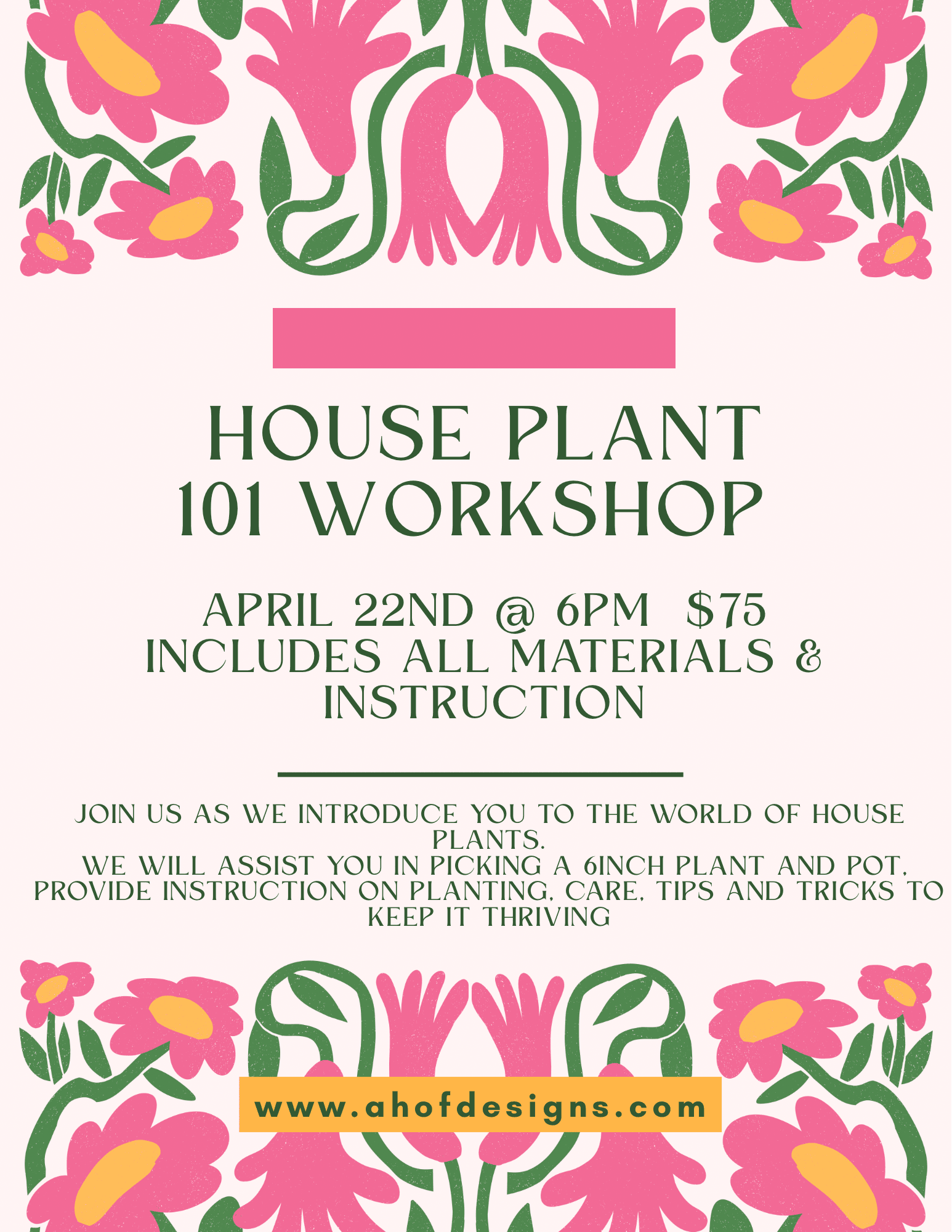 House Plants 101 Class       April 22nd  @ 6pm - Join us as we explore the world of House Plants!  We will help you choose the perfect house plant for your lifestyle &amp; environment, you will pick a pot, and we will teach you all the tips and tricks to keep it alive and thriving!  Class will take approx. 1 hour and will be held on shaded patio.  Parking is plentiful in parking lot &amp; on 18th &amp; G Streets