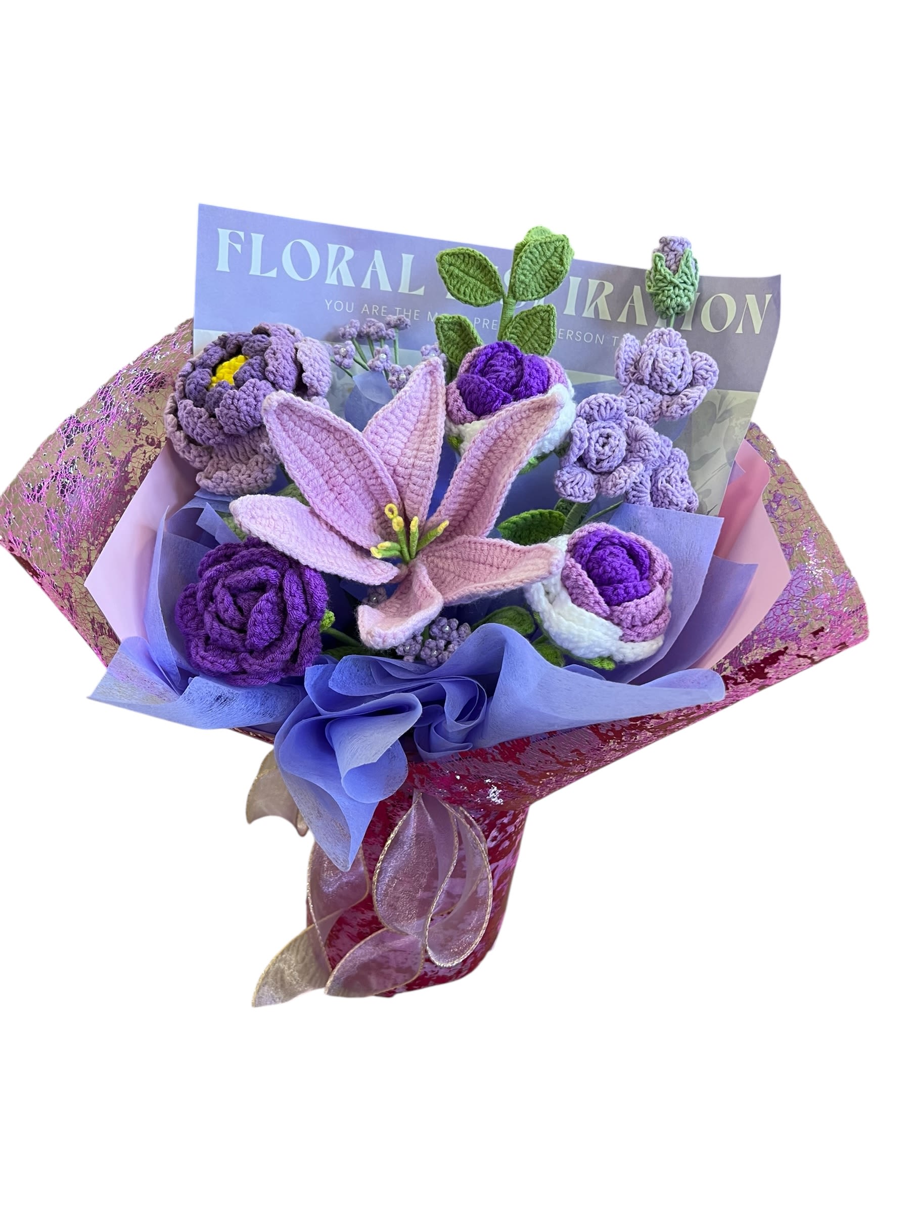 Purple crochet bouquet - A bouquet featuring purple crochet flowers.