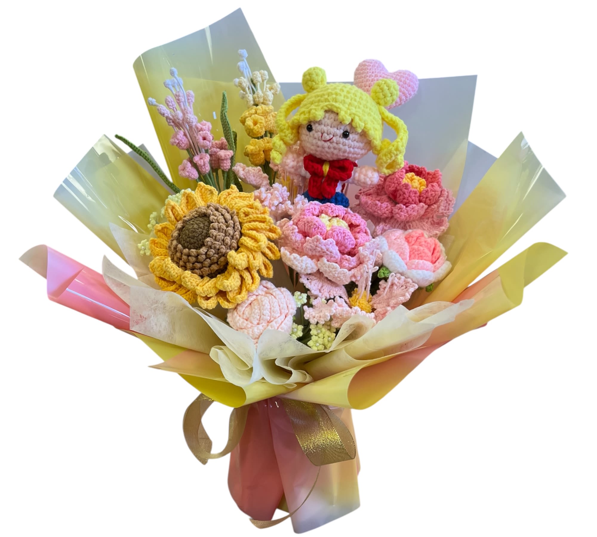 Kawaii crochet bouquet - Features a charming assortment of hand-knitted flowers, including sunflowers, roses, and more with a cute crochet character centerpiece.