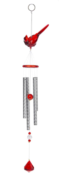 Red crystal cardinal wind chime with silver tubes and hanging red and clear beads on white background