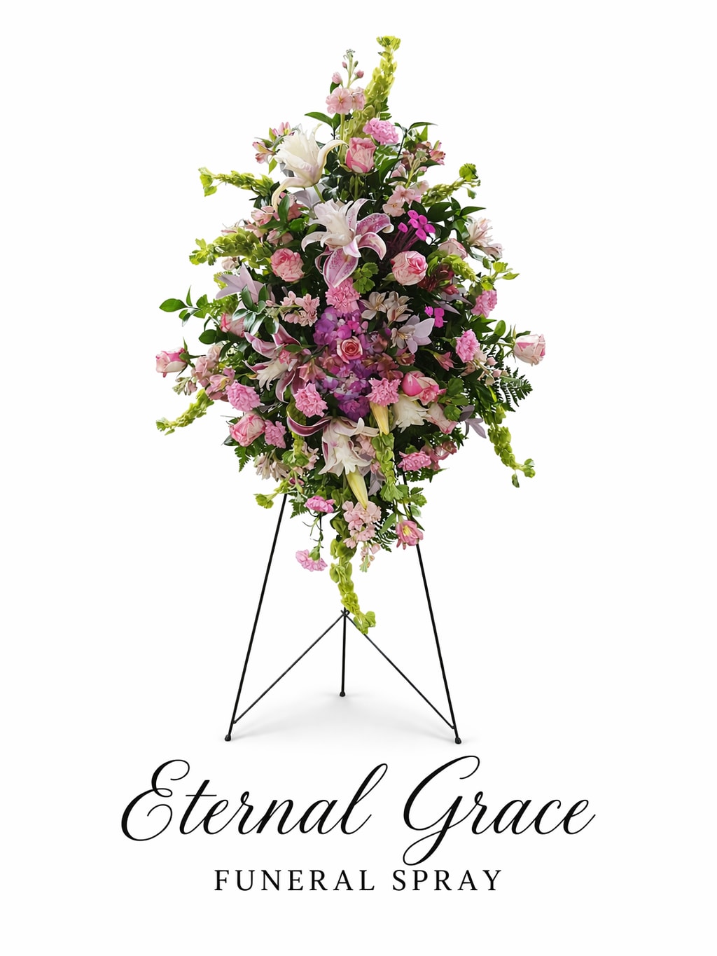 Eternal Grace - A luxurious standing funeral spray designed with premium pink roses, fragrant lilies, soft hydrangeas, and delicate seasonal blooms, artfully arranged with lush greenery. This elegant tribute creates a refined and meaningful expression of sympathy, offering beauty, grace, and comfort during life’s most difficult moments.  SUBSTITUTION POLICY Please note the bouquet pictured reflects our original design.  If the exact flowers or container in this arrangement are not available, our local florists will create a beautiful bouquet with the freshest available flowers.