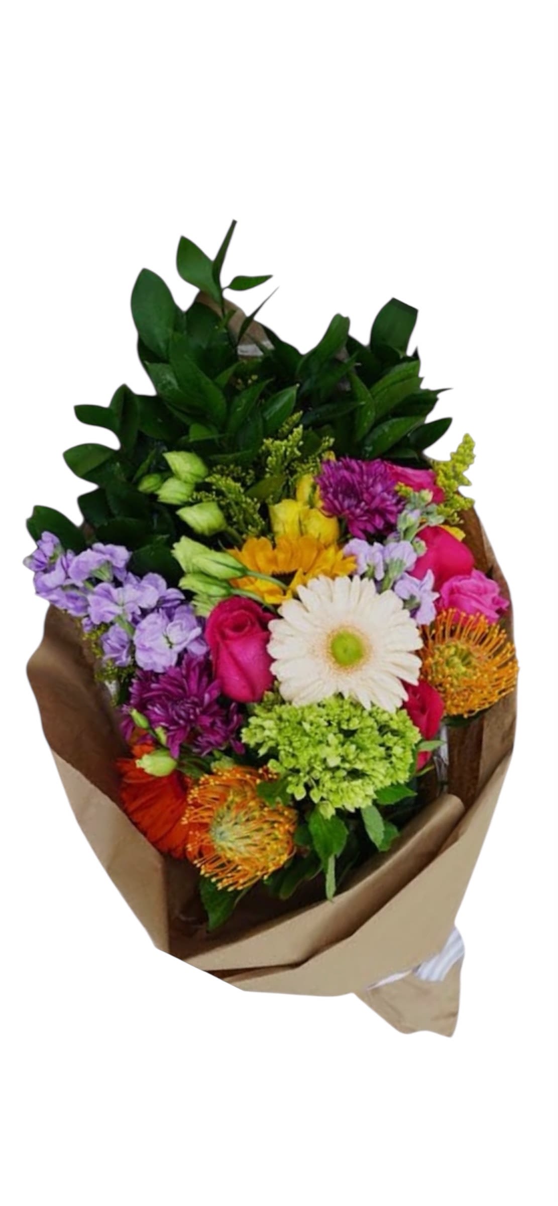 Organic Bouquet - this Organic Bouquet will be made with a mix of colorful flowers and roses wrapped in brown paper tied with a nice lace ribbon 