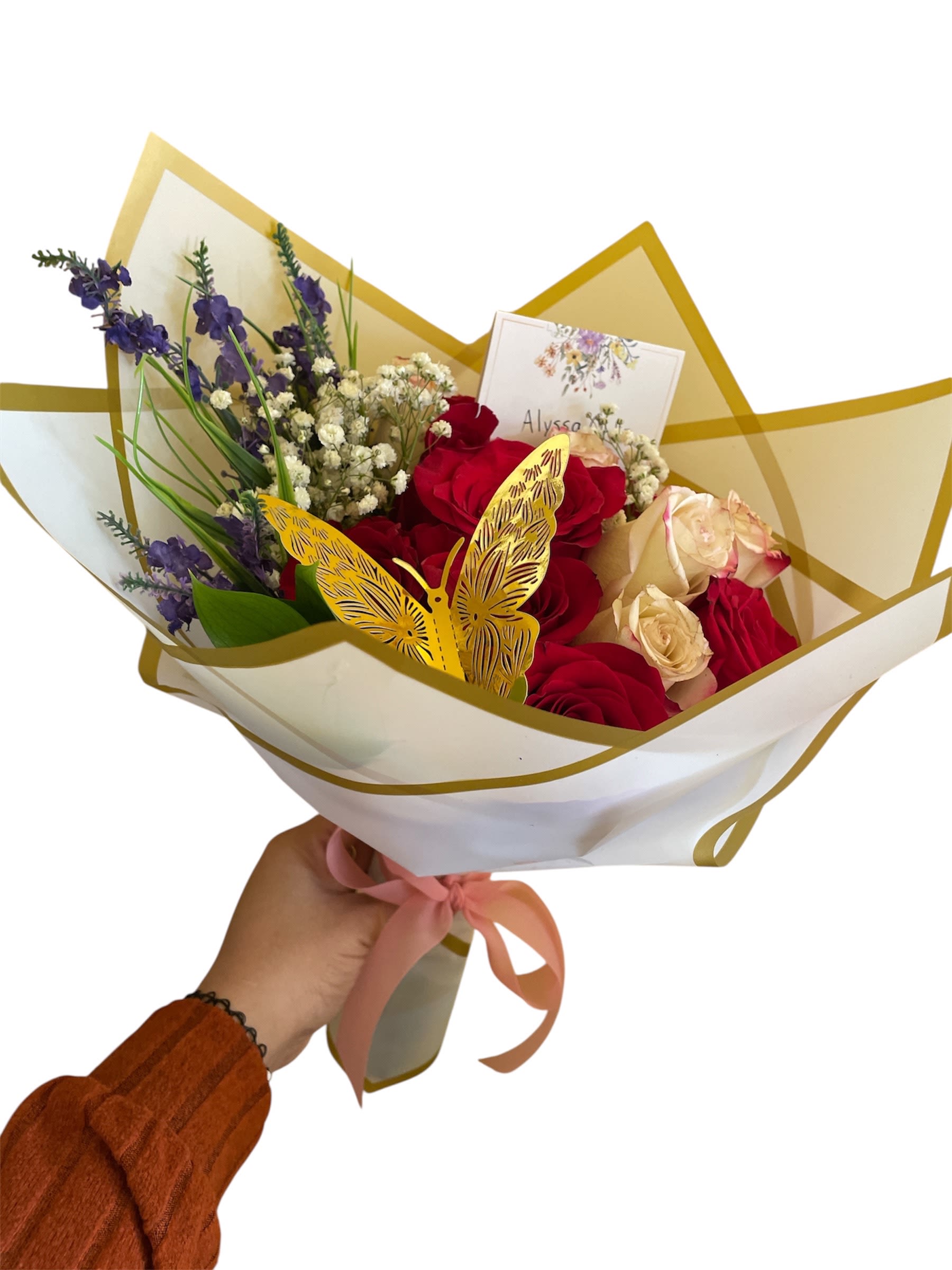 Forever Greenery - This Fresh Flowers will be combined with Forever Greenery and Filler Flowers wrapped in a soft random color Korean paper and topped with a butterfly for decoration