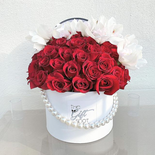 Classy Red Roses - Red Roses and White Orchid