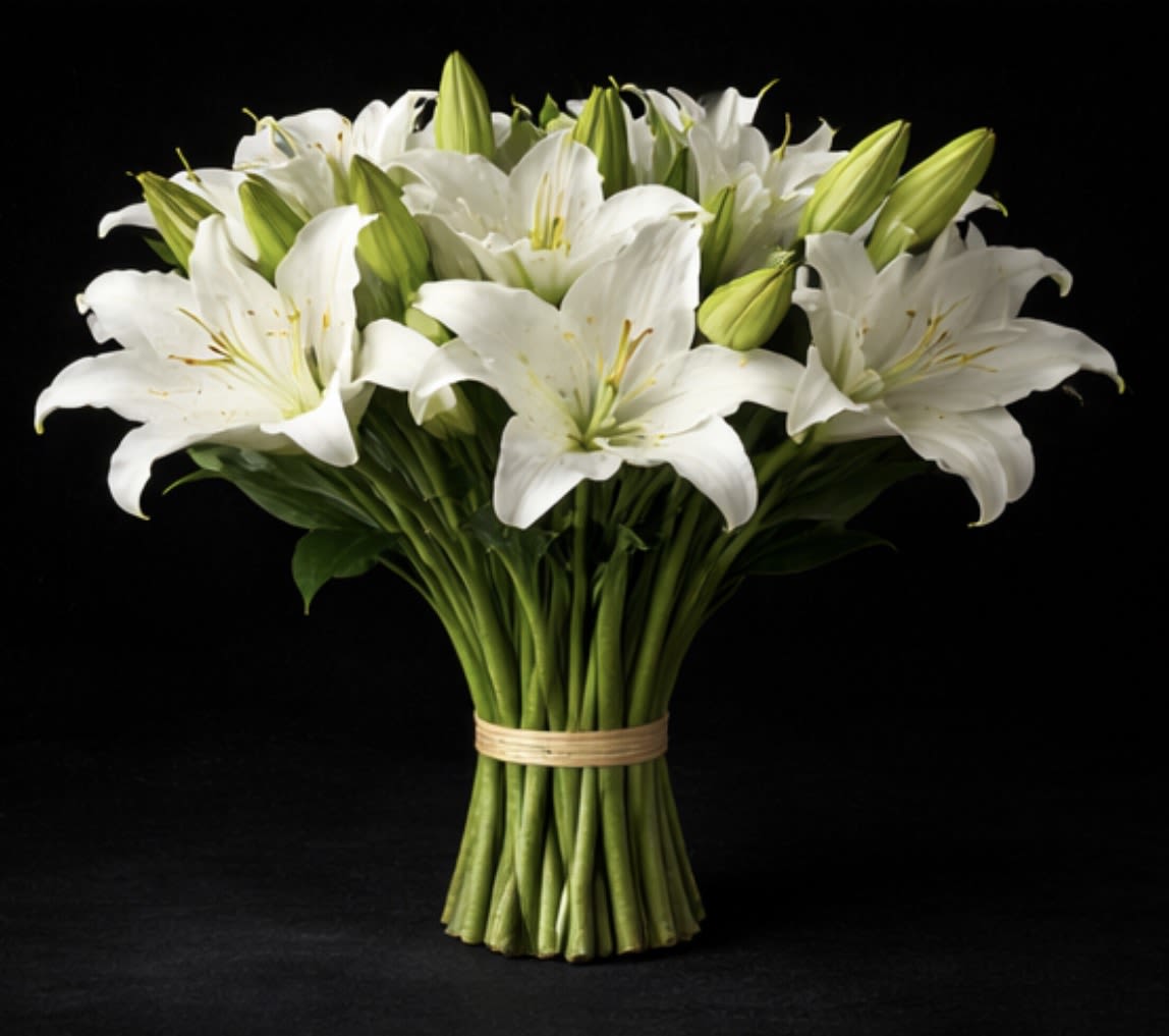Bouquet of white lilies with green buds tied at the stems