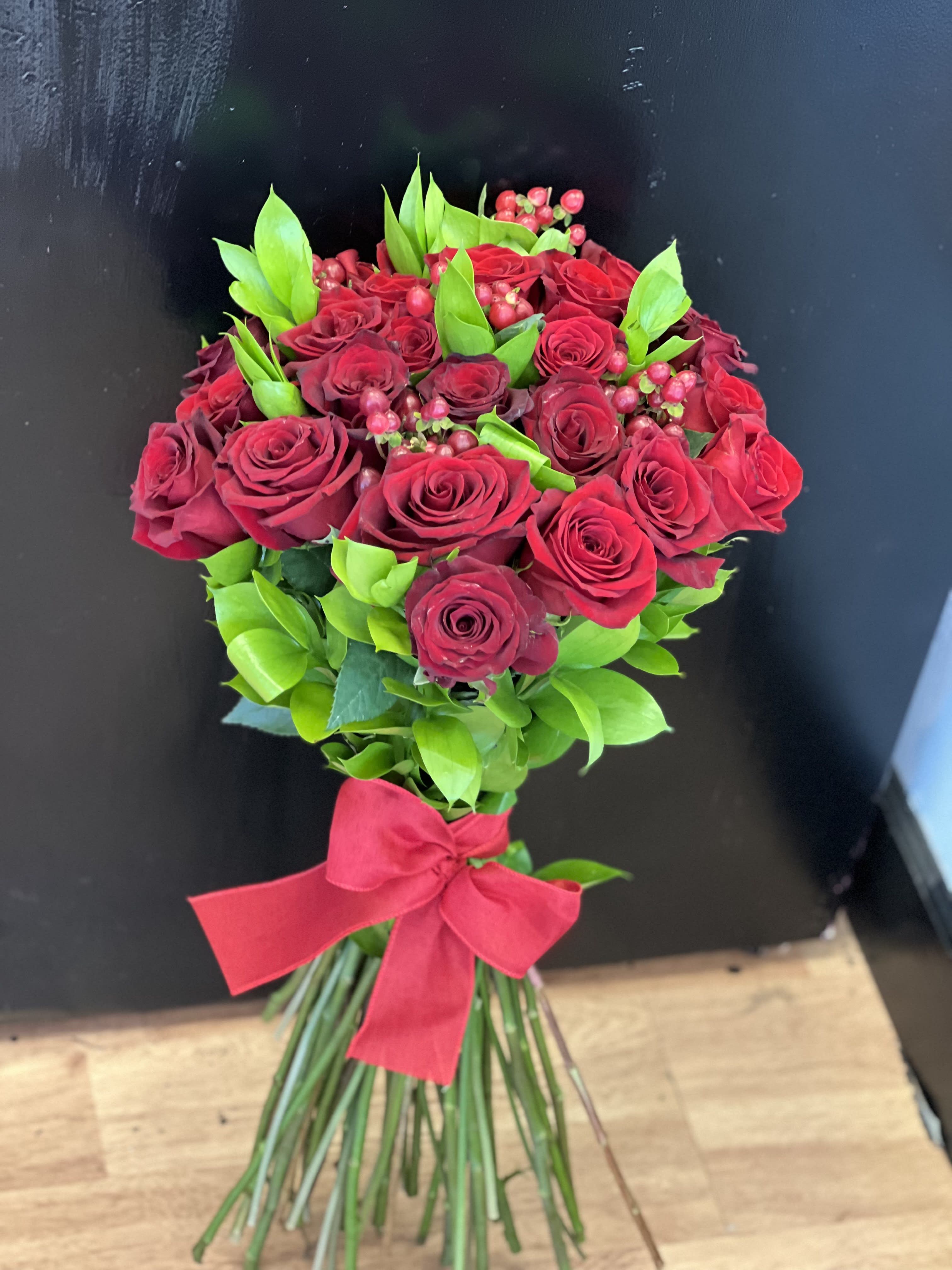 25 Long stem red roses and fillers - 60CM red roses, red hypericum and green fillers