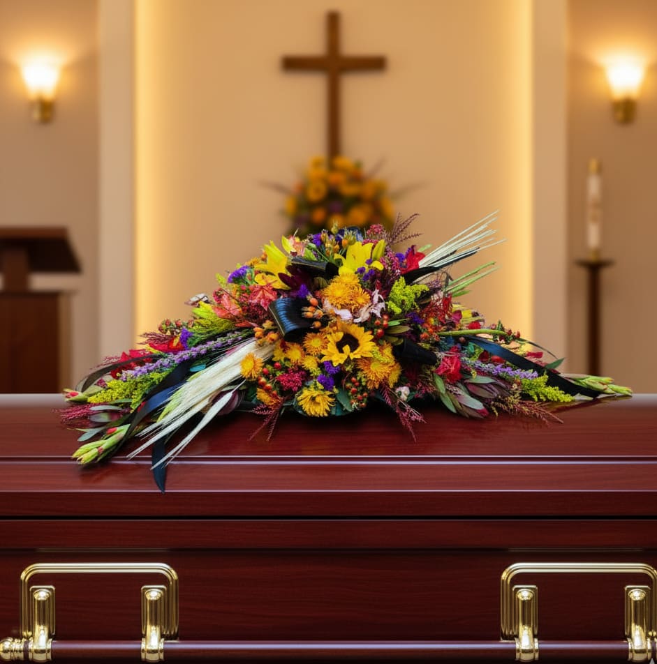 Fall Serenity - Fall Serenity – Funeral Flowers in Tumwater, WA  Fall Serenity is a heartfelt sympathy floral tribute, exclusively designed by Specialty Floral Design, your local florist serving Tumwater, Olympia, and surrounding areas. This unique casket arrangement features a wrapped bouquet style with stems artfully exposed, creating the look of a hand-tied bouquet gently laid across the casket. Its natural, garden-inspired design conveys warmth, simplicity, and elegance.  Featuring seasonal blooms like sunflowers, lilies, gladiolus, and solidago, Fall Serenity blends golden yellows, warm oranges, and soft rust tones for a meaningful tribute. This arrangement can be customized to reflect a more masculine or feminine style and recreated year-round with seasonal flowers.  Specialty Floral Design is honored to provide sympathy flowers in Tumwater, WA, offering custom casket sprays and funeral arrangements crafted with care. Let us help you express love, honor, and remembrance through flowers that speak from the heart.   