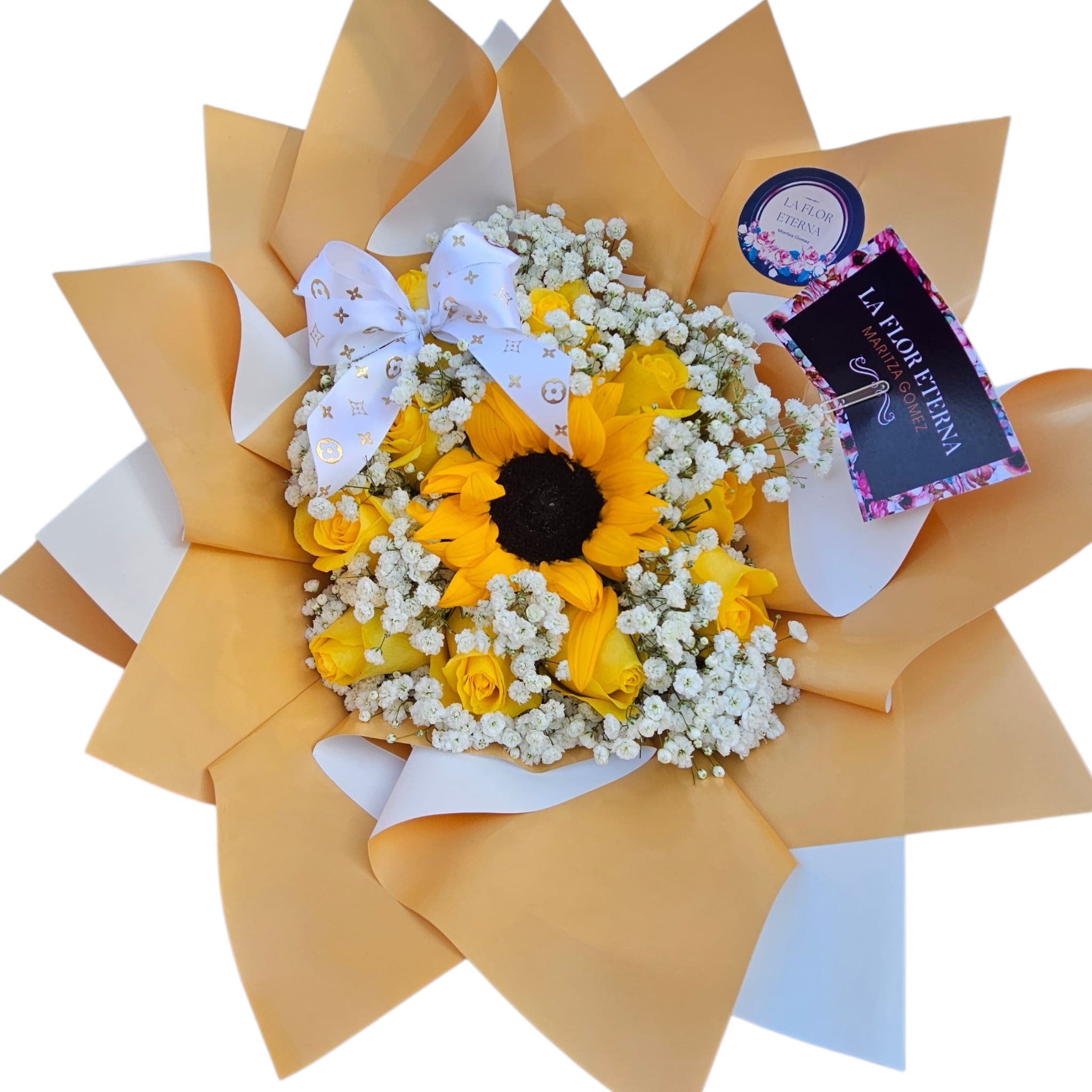 Sunnyvale - 10 Yellow Roses Great steam roses with a sunflower and baby breath in between giving it a lovely warm looking style .