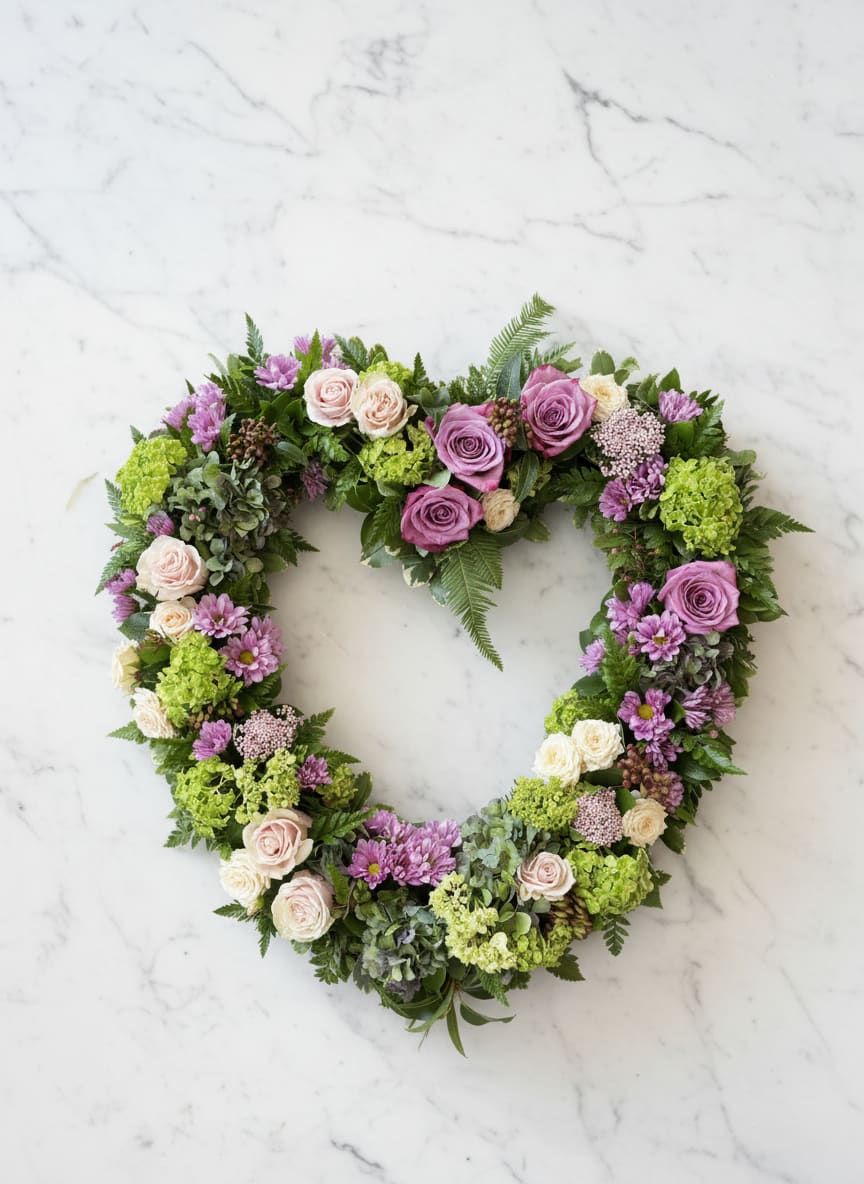 Cottage Garden Memorial Heart  - This gorgeous memorial wreath is a stunning way to send your expression of sympathy.  We use some of our favorite seasonal blooms such as roses, hydrangea and garden roses to create this beautiful design enhanced with a delicate hoop of angel vine twigs.  This design is elevated on an easel at the funeral home. This piece is not appropriate to send to a residence given its size and weight.  *other colors available - please call us or leave a note with your requests.  Measures Approx. 30" across. 