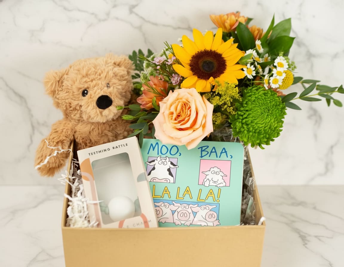 Hey Baby Gift Box - Welcome baby to this world with a gift basket baby and parents will both love.   Hey Baby Gift Basket includes:  -Soft teddy bear -Baby Book -Teether -A floral arrangement  ** Please note in the order if you would like, white, pink, blue or seasonal flowers. **If an item is sold out we will substitute with a seasonal item of similar value and category. 