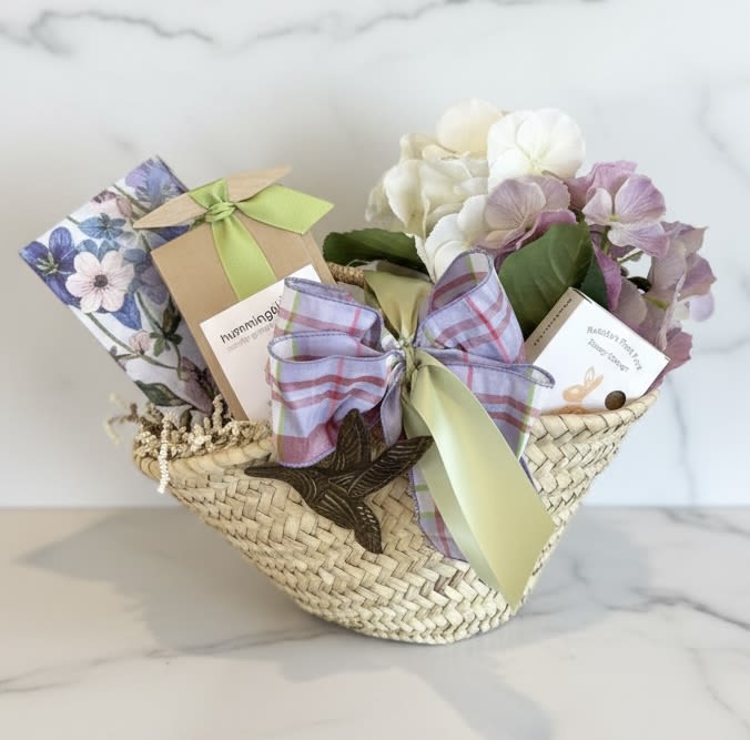 Hummingbird Pollinator Gift Basket  - Hummingbirds are one our favorite all-star pollinators. This basket of garden delights features a bud vase of faux hydrangea blooms, a package of floral paper guest towels, hummingbird scatter seeds for the garden, goat milk soap made in Maine, finished with a lovely ribbon and hummingbird ornament.  A wonderful Mother's Day gift idea or for anyone who loves to watch the hummingbirds. 