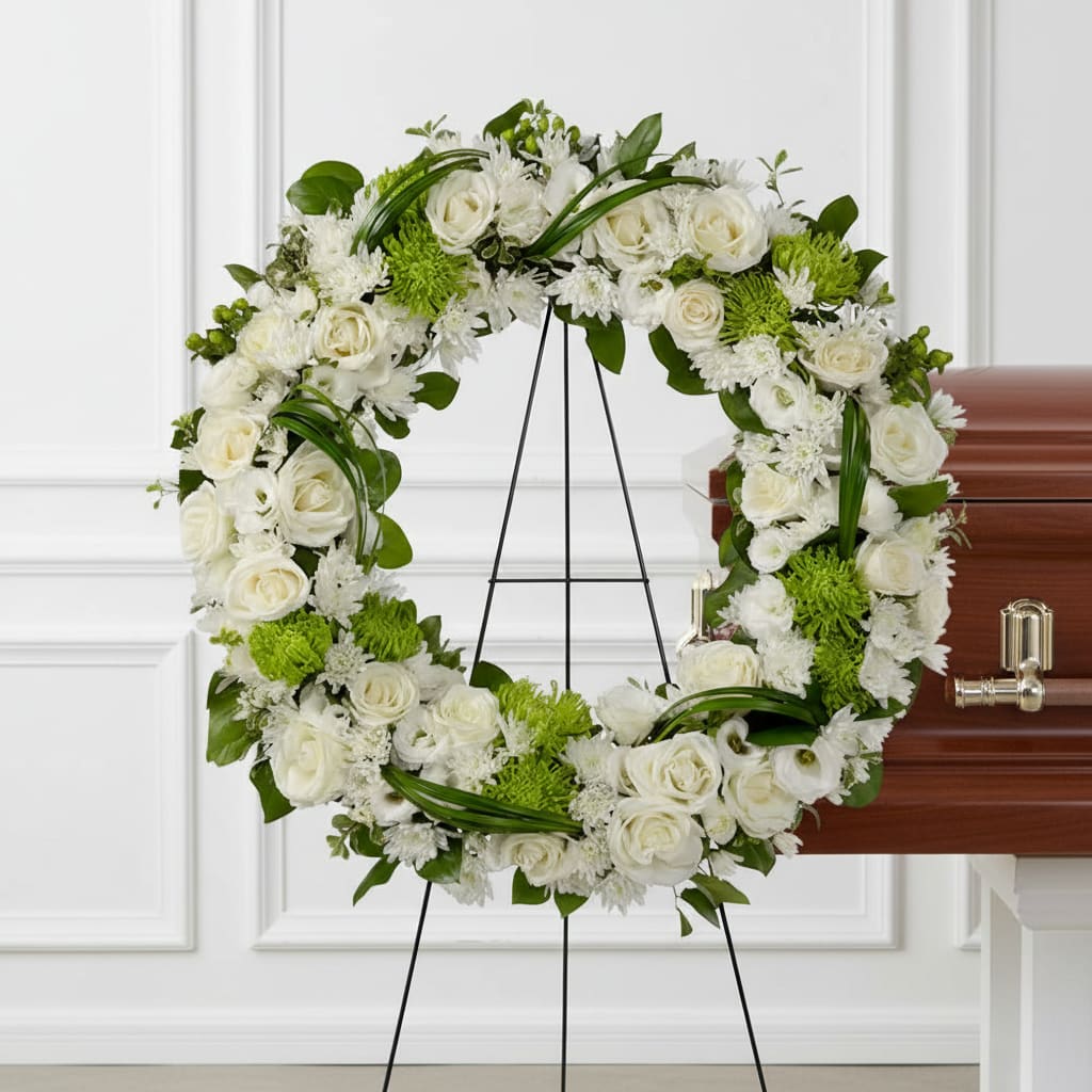 Lasting Serenity Wreath - A beautiful white and green tribute wreath, this wreath arrangement celebrates a full life and expresses heartfelt condolences.   Approx. 24" diameter.   Different color combinations available. Please contact the shop for details.