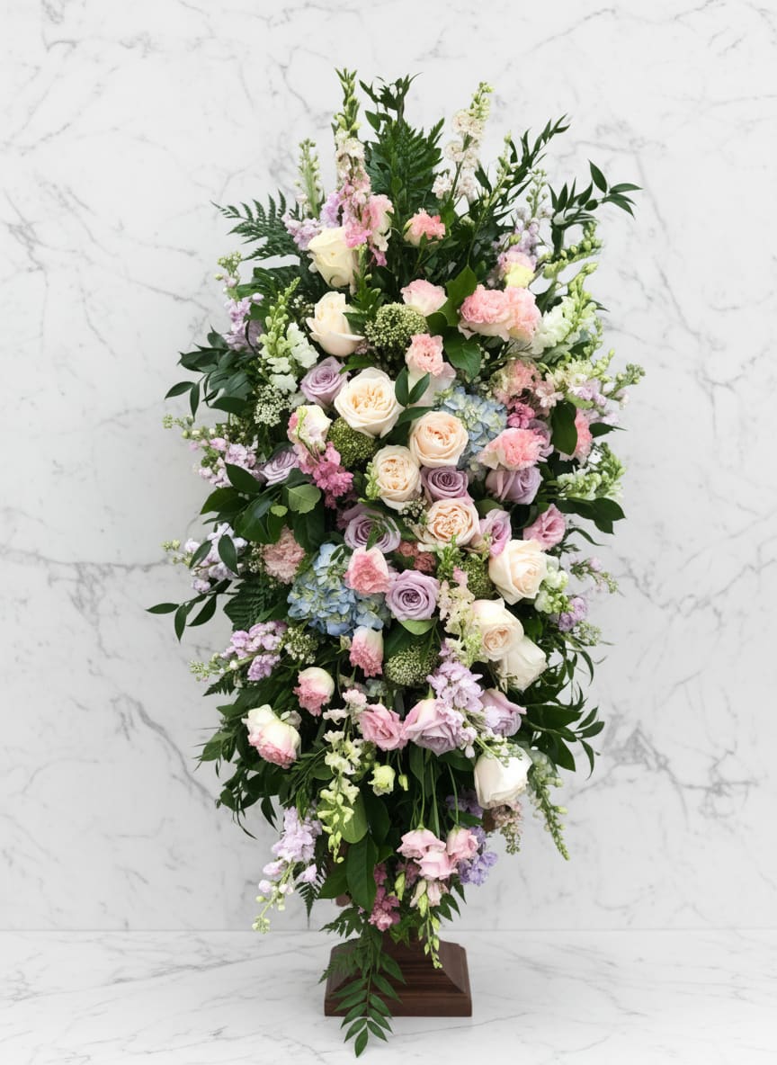 Pastel Traditions Spray - A pastel color palette creates comfort and grace with this Traditions Spray. Featuring a selection of muted blossoms such as blush pink, lavender and ivory with spring greens. A beautiful way to remember a loved one.    Other color combinations available.  Please contact us for consultation and availability. If you would like to incluede a custom ribbon banner, please leave the details in notes. 