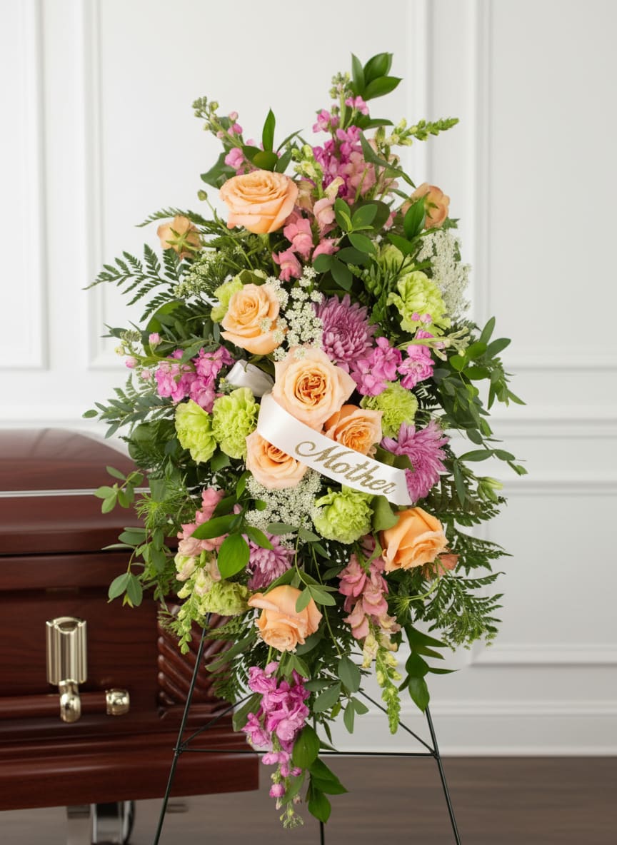 Pink Traditions Spray - A graceful tribute in soft, comforting hues. This standing spray features a blend of pink and warm-toned blooms, thoughtfully accented with fresh greenery. Designed to honor and celebrate a loved one’s life, each arrangement is made with seasonal flowers—selections may vary to reflect your preferences and what’s most beautiful at the time.  This is customizable to accommodate more pink hues as desired.   *note banner ribbon shown is an example will NOT be included with the flowers. If you would like a customized ribbon banner, please leave details in notes. 