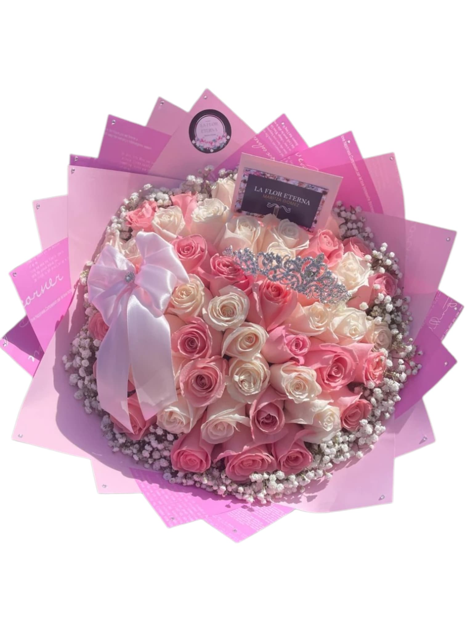 Cinderella Bouquet  - A tightly clustered round bouquet of soft pink and cream roses surrounded by a halo of delicate white filler creates an instantly romantic, feminine impression-perfect as a birthday bouquet, anniversary roses, or a Mother's Day gift that feels delightfully regal. The compact, structured shape and princess-like charm that will make the person you're thinking of feel specially honored on Valentine's Day, a quinceañera, or just because.  