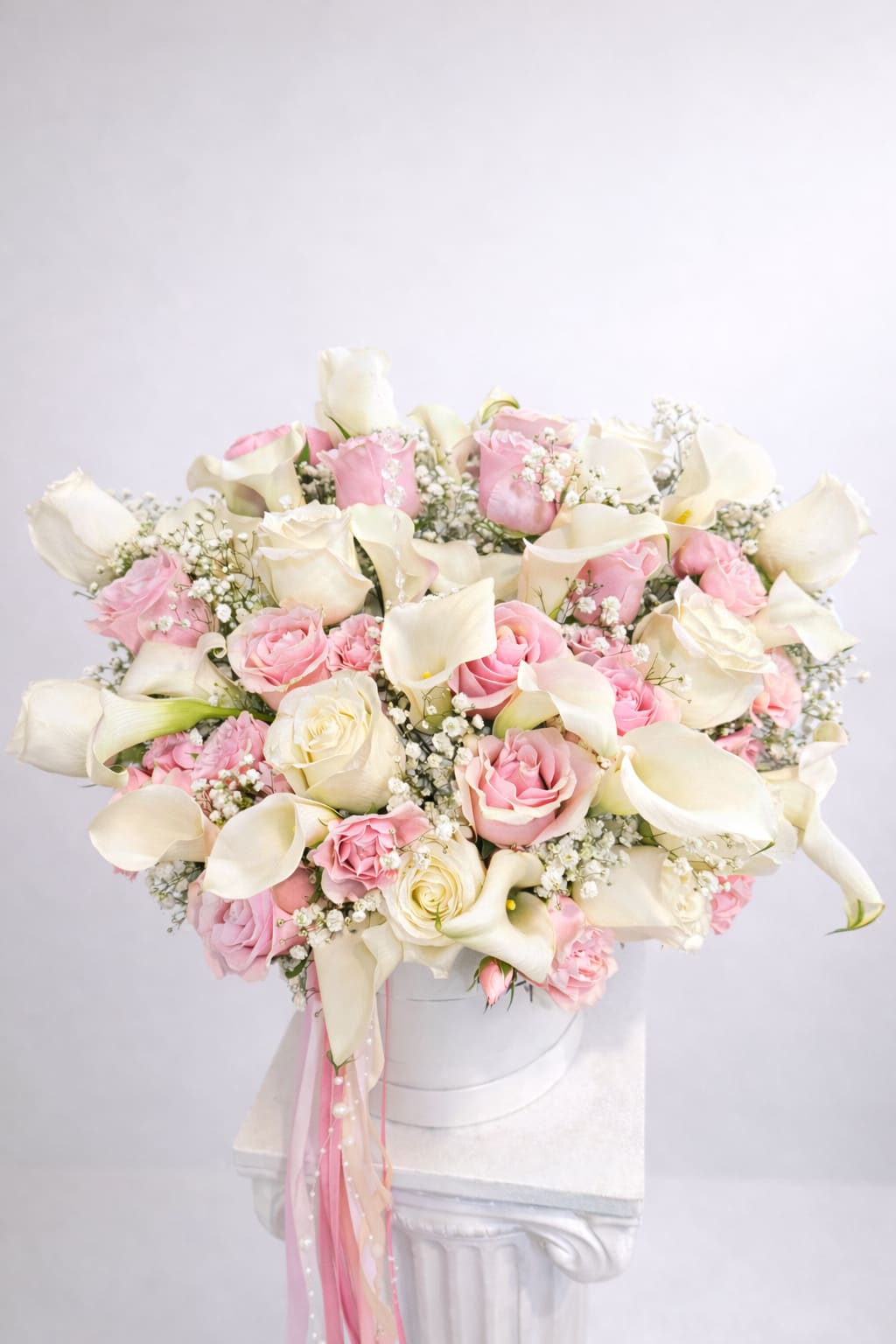 Calla Lily Love - Soft, elegant, and timeless, Ivory Calla Lily Romance is a luxurious floral arrangement designed to leave a lasting impression. Featuring graceful ivory calla lilies paired with blush and white roses, delicate baby’s breath, and lush greenery, this arrangement is artfully designed in a classic white hat box for a refined, romantic look.  Perfect for weddings, anniversaries, engagements, Mother’s Day, sympathy gestures, or heartfelt gifts, this design brings beauty, softness, and sophistication to any space. Each arrangement is carefully handcrafted with premium blooms by Oh Flower by Naz, your trusted luxury florist in Carlsbad.   Available for local flower delivery in Carlsbad and throughout North County San Diego.